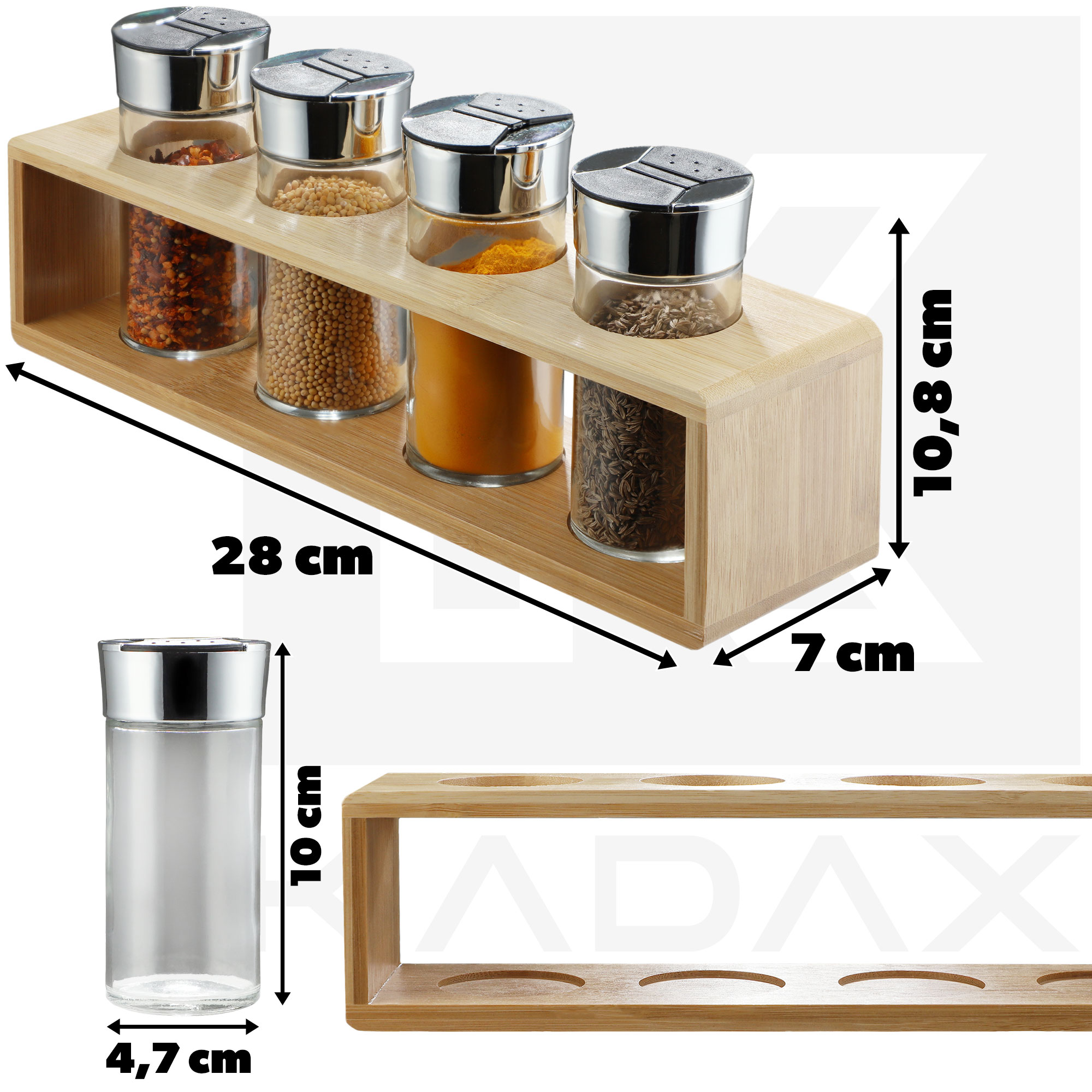 Komplet przyprawników z bambusową podstawką 4 szt.
