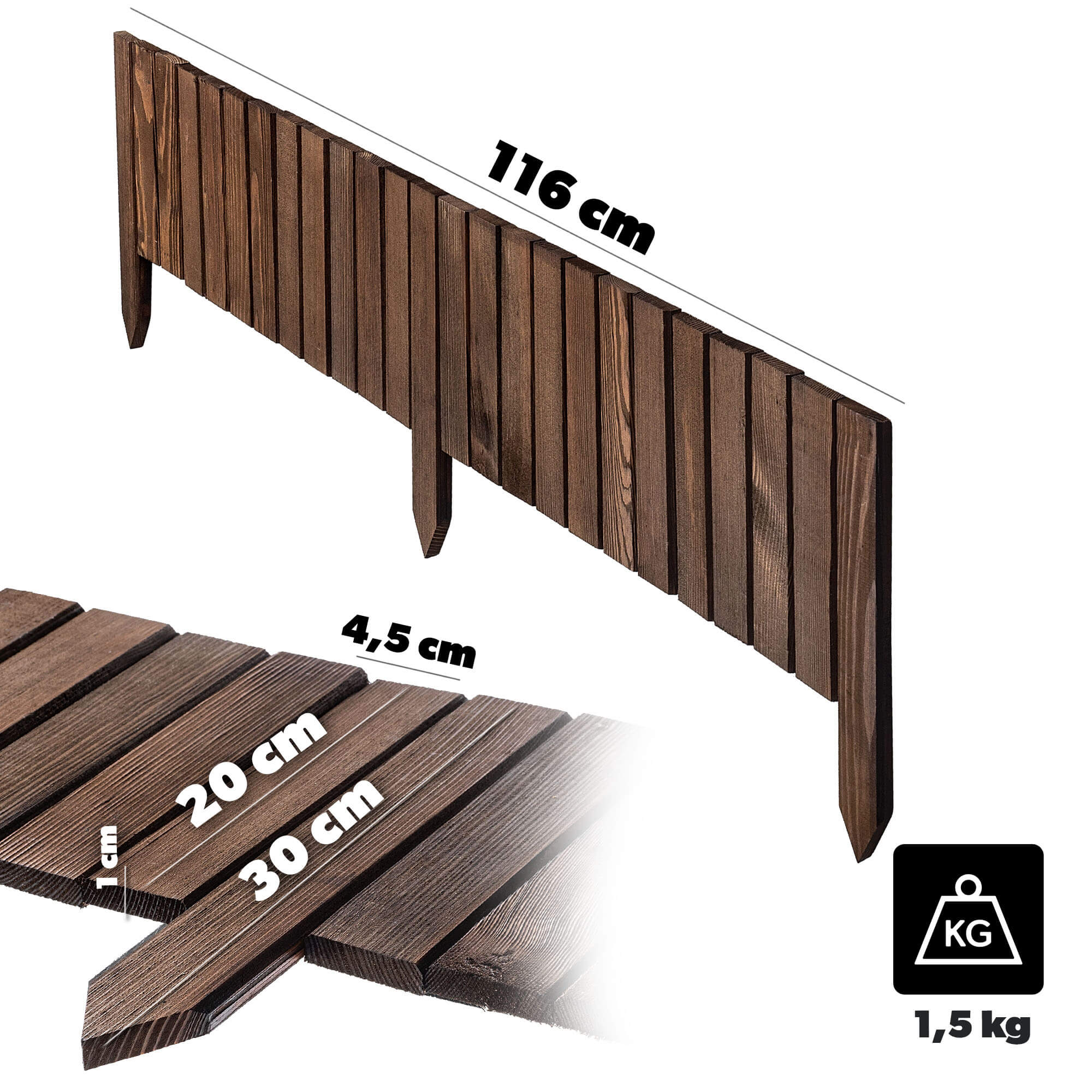 Płotek drewniany rollborder Ansjo obrzeże 115 x 20 cm brązowy
