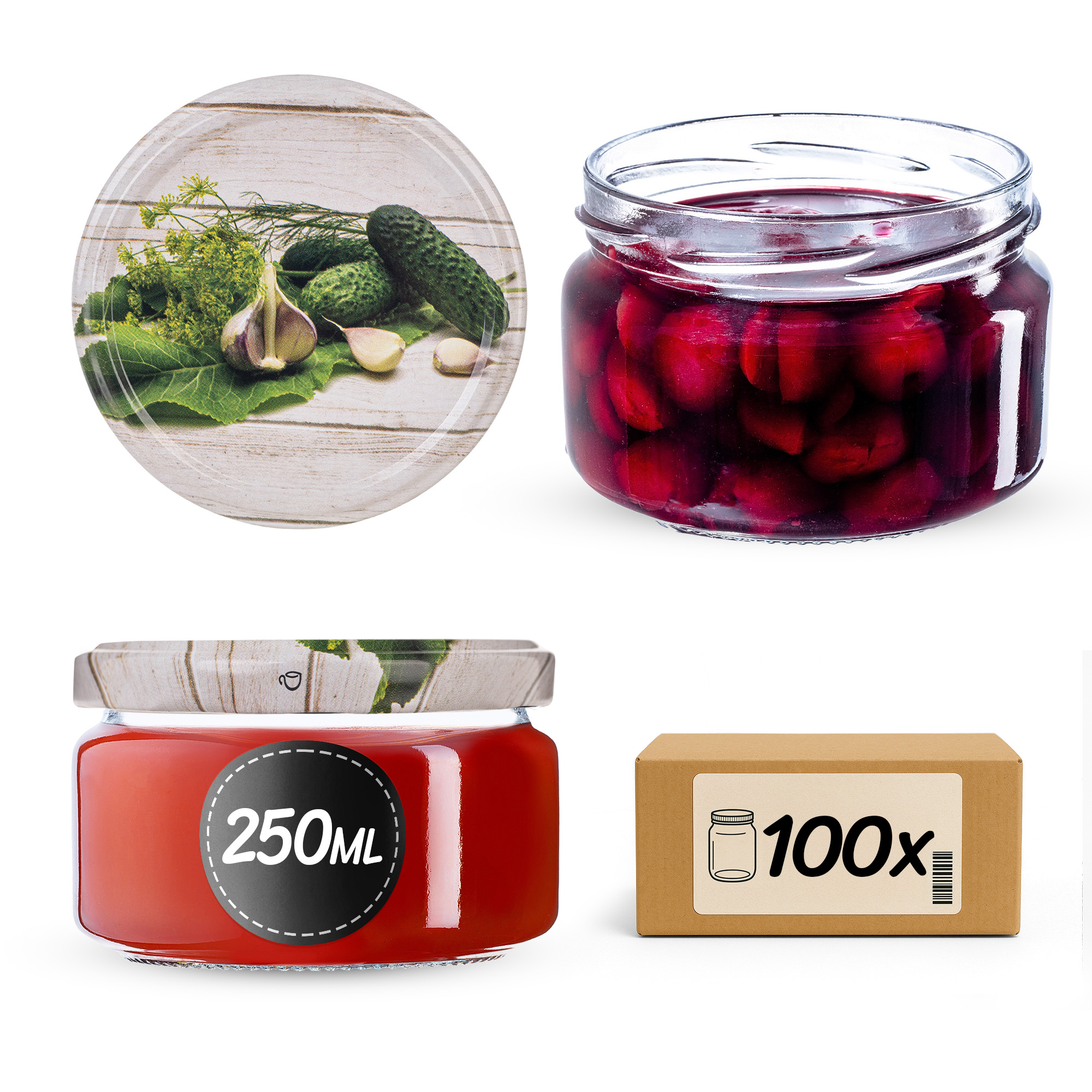 Słoiki na przetwory Denia 250ml 100szt 82mm + wieczko "Ogórek"