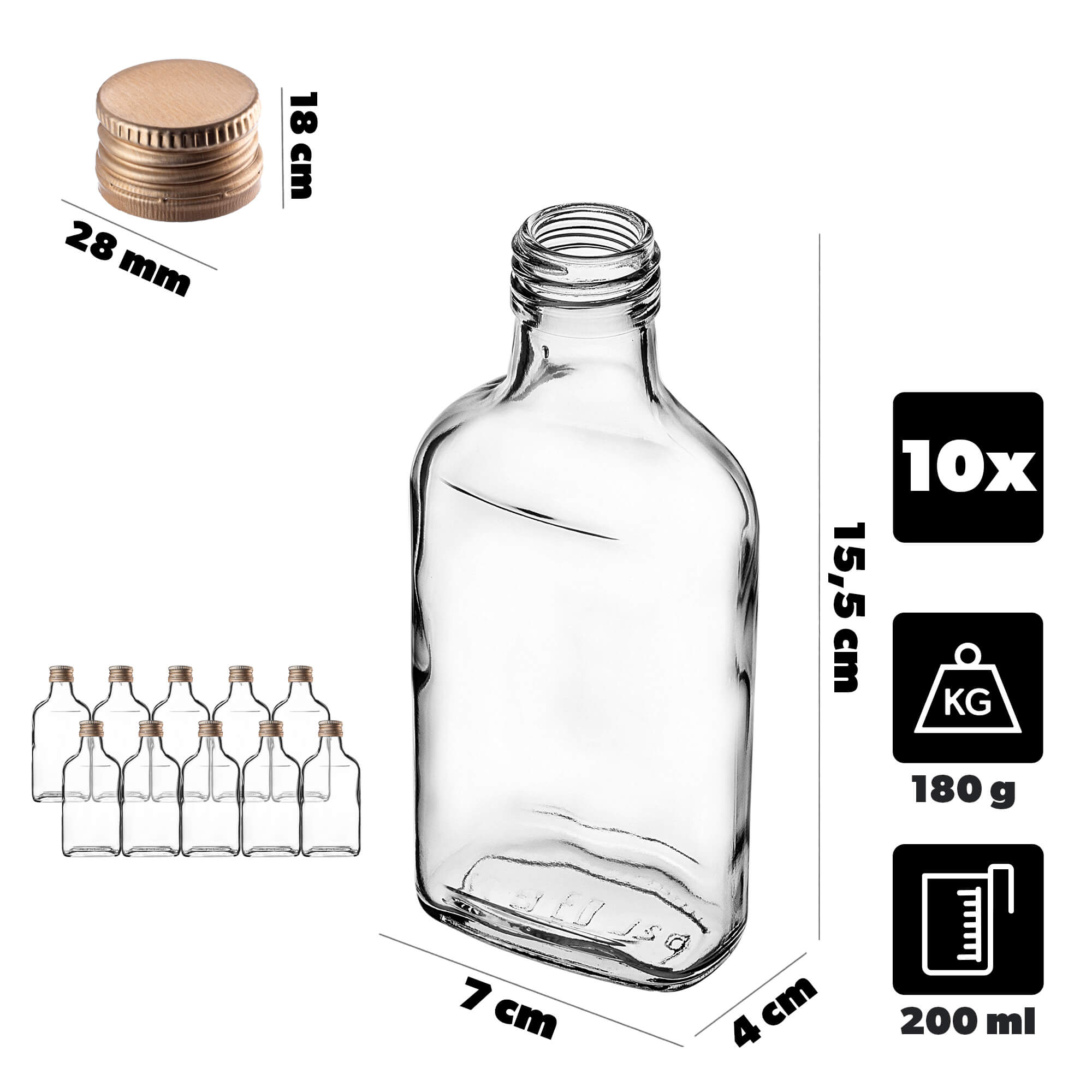 Butelka piersiówka Viane 200ml ze złotą zakrętką 10 szt.