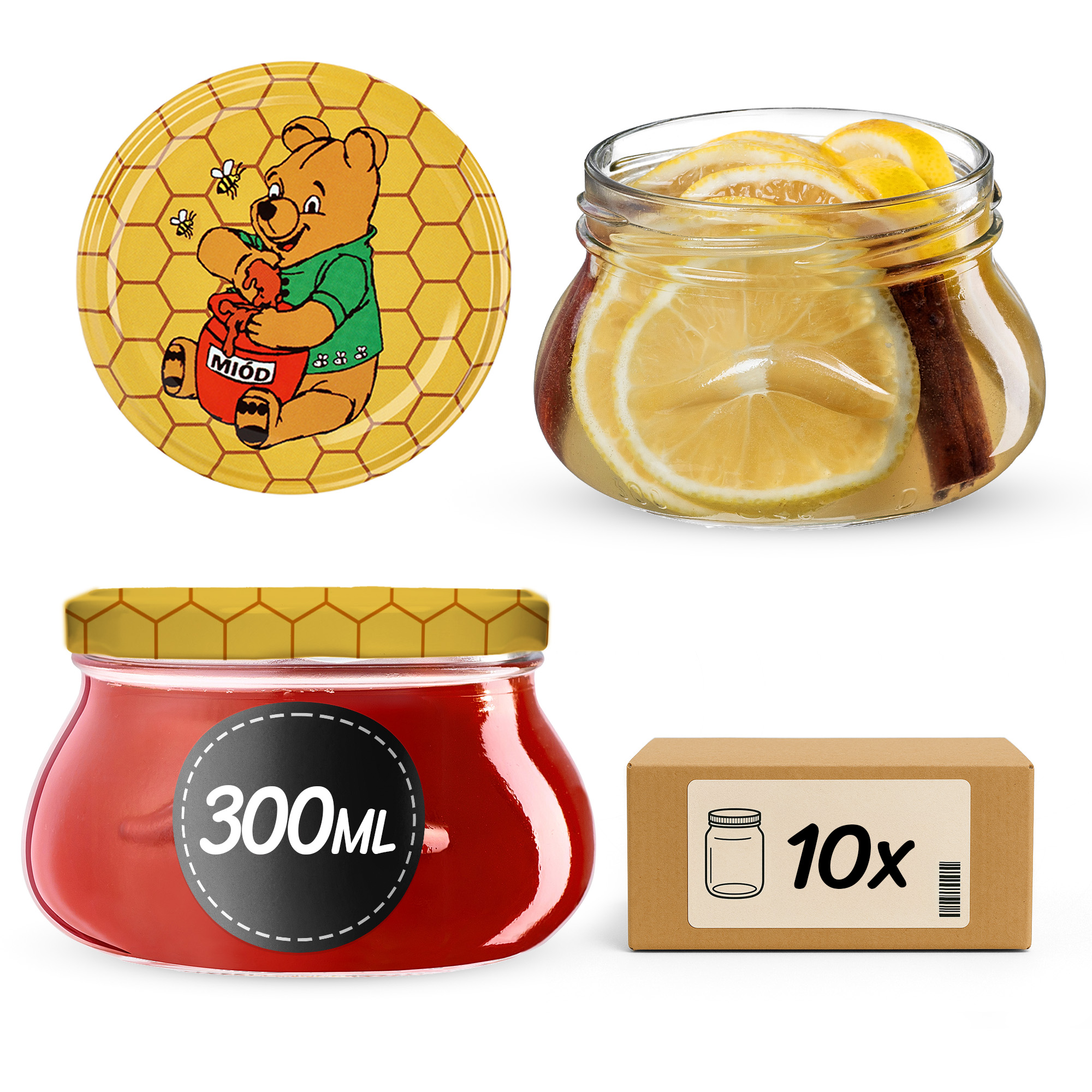 Słoiki na przetwory Raja 300ml 10szt 82mm + wieczka "Miód"