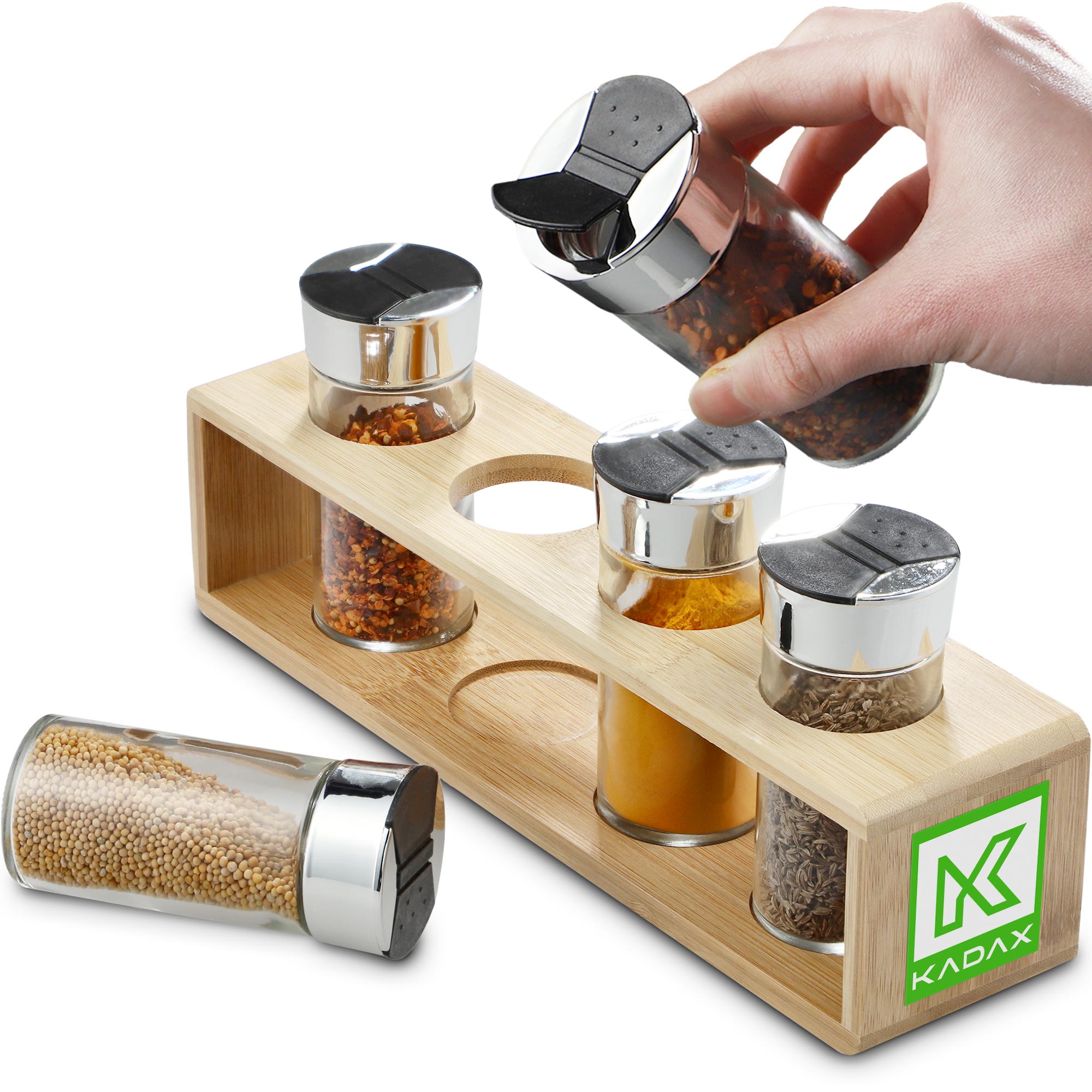 Komplet przyprawników z bambusową podstawką 4 szt.