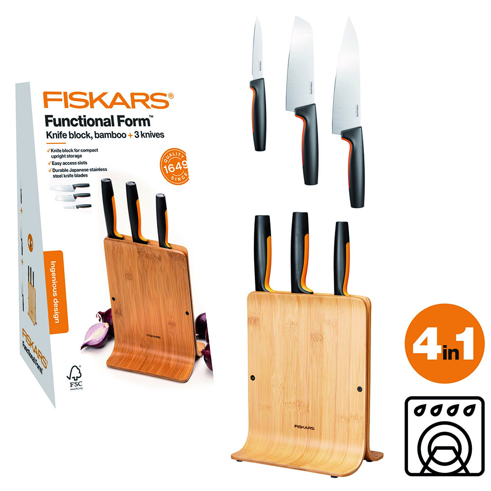 Fiskars 1057553 FF Zestaw 3 noży w bambusowym blok