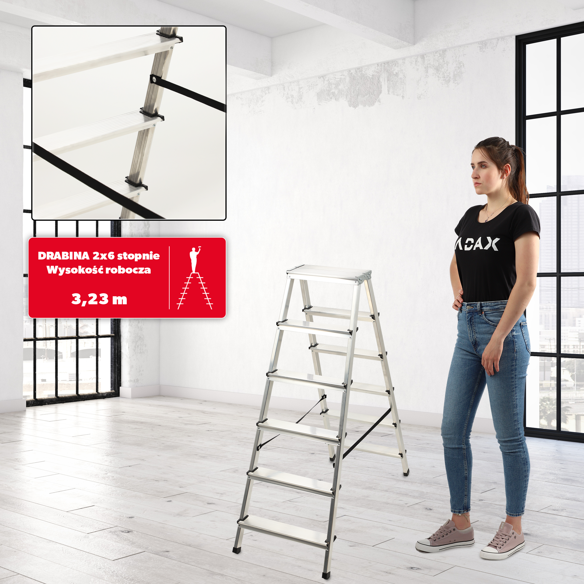 Drabina aluminiowa dwustronna Molde, 6 stopni, 125 kg