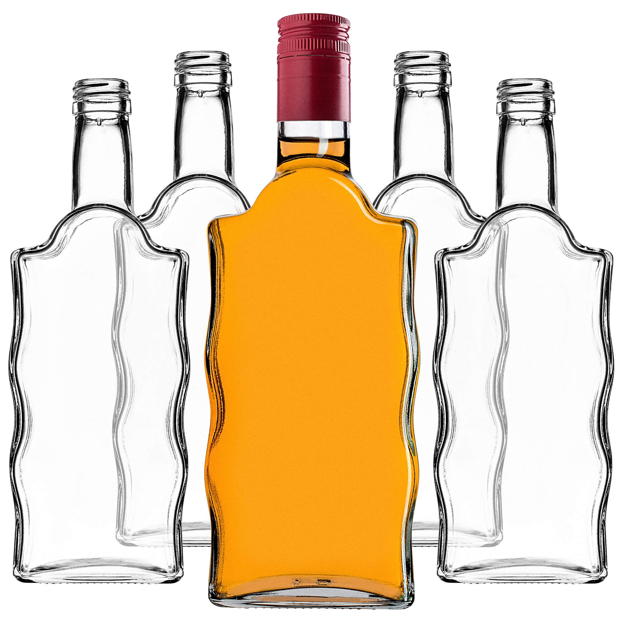 Szklana butelka na nalewkę Fala 500ml z długą czerwoną zakrętką 10 szt.