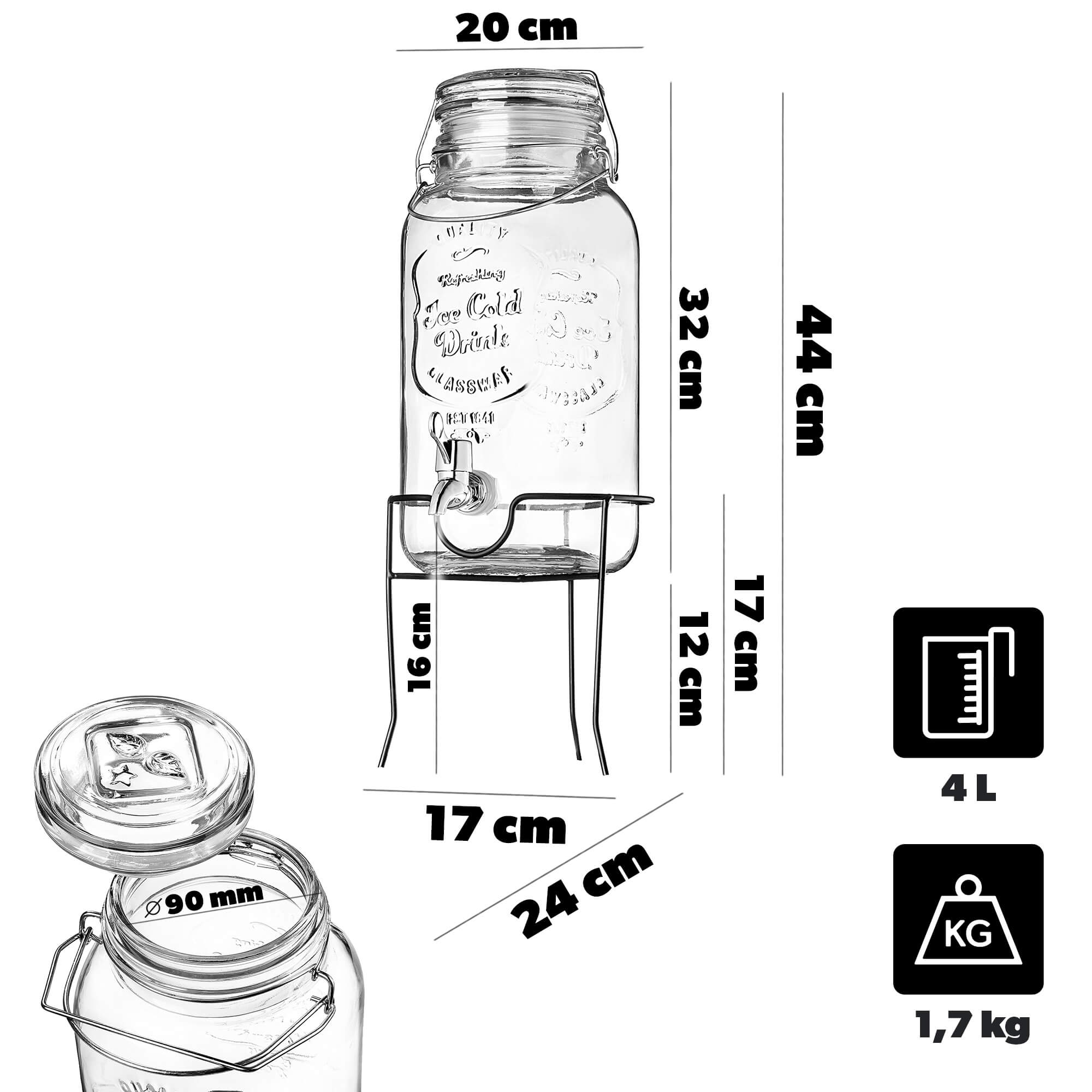 Słój z kranikiem Mesagne do zimnych napojów i lemoniady 4L z podstawką i szklaną pokrywką
