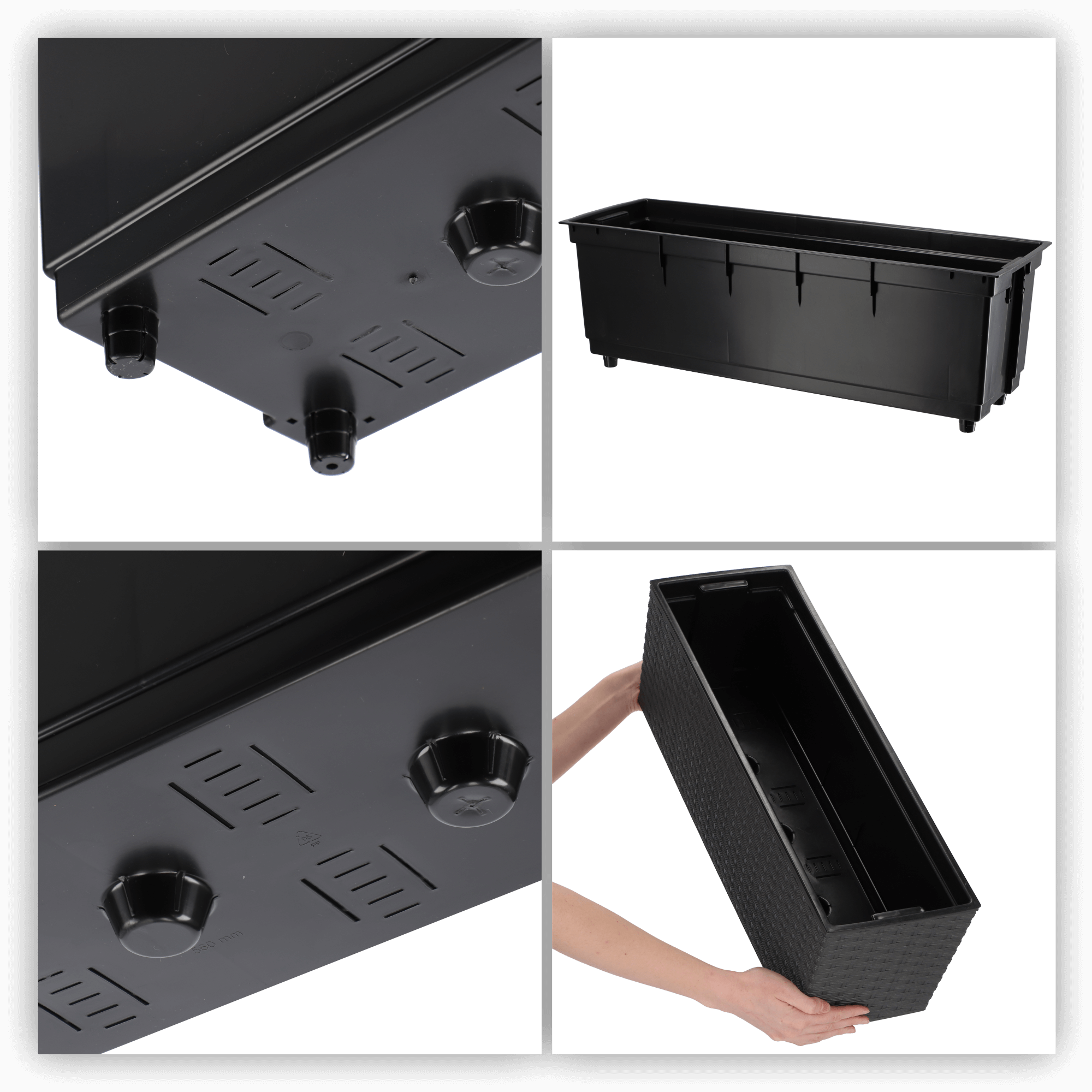 Doniczka balkonowa rattan z wkładem Murano 56 x 19 cm, czarna