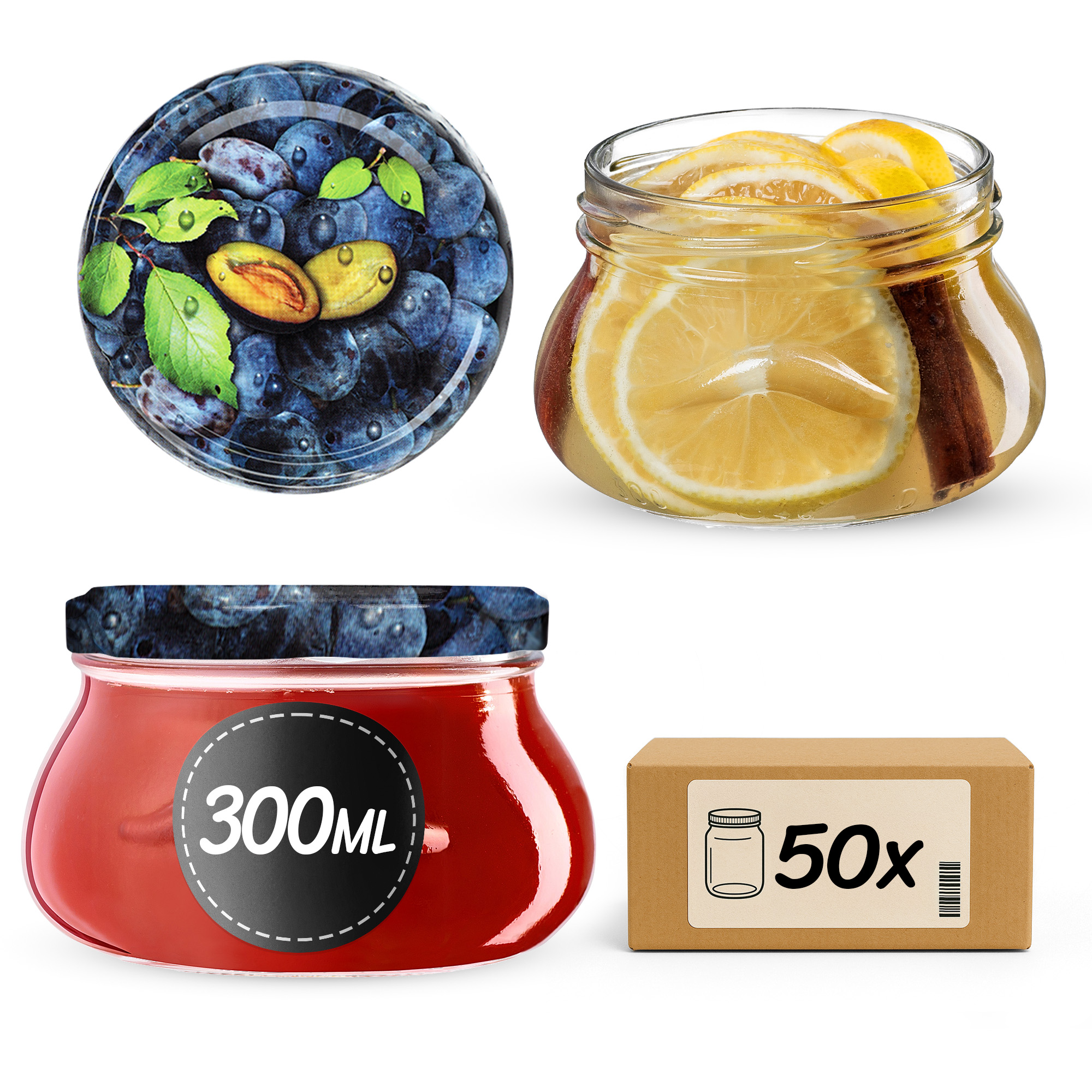 Słoiki na przetwory Raja 300ml 50szt 82mm + wieczka "Śliwki"