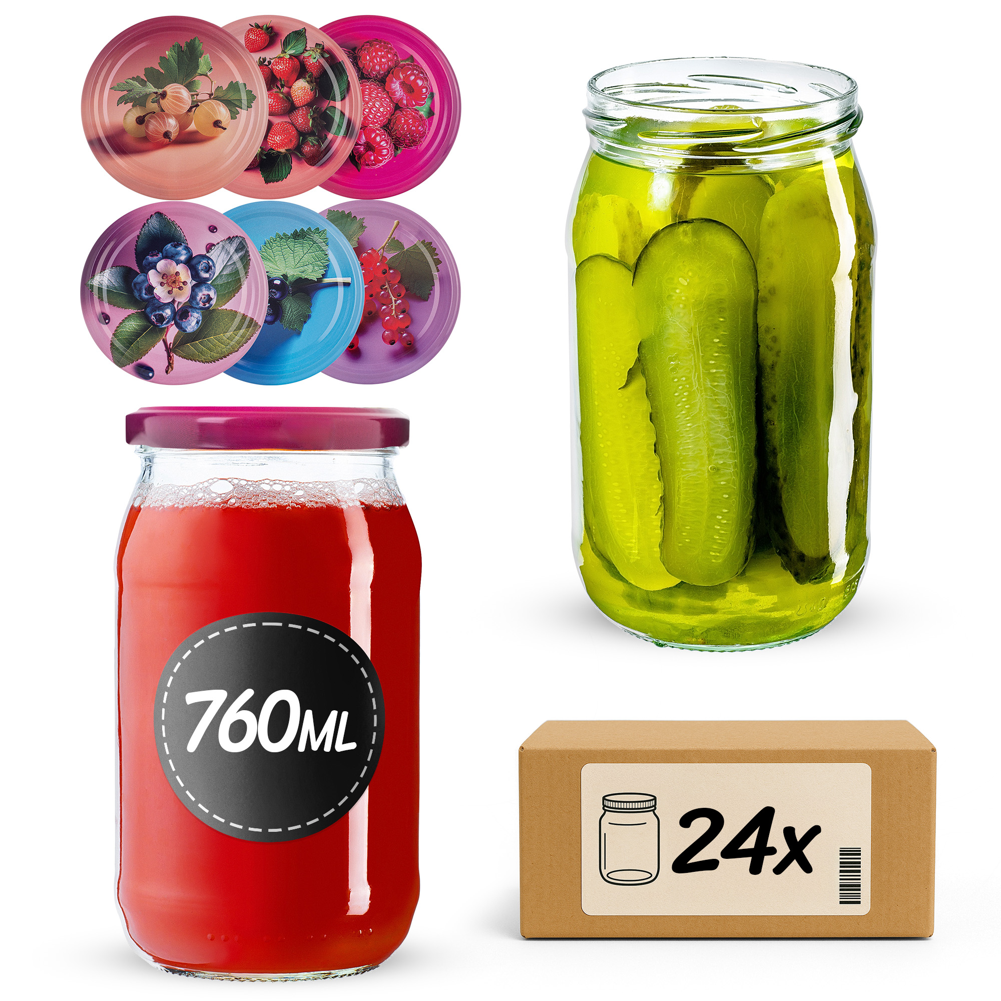 Słoiki na przetwory Niva 760ml fi82mm 24szt + wieczko Jagodowy mix