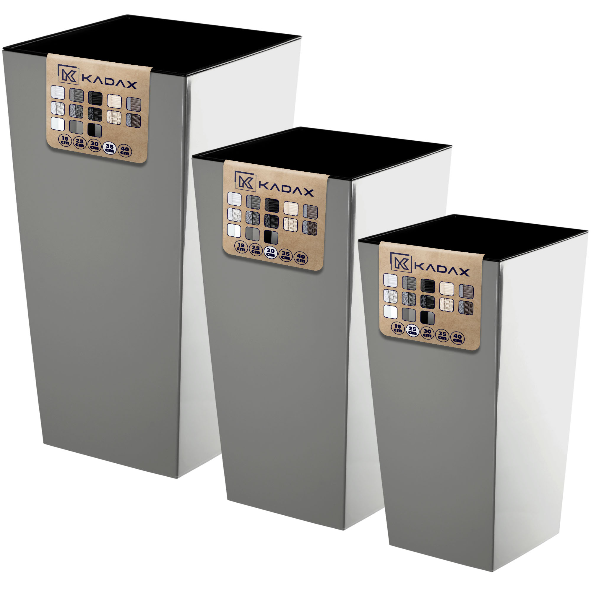 Donice na kwiaty z wkładem Masiera 25 cm + 30 cm + 35 cm, szare