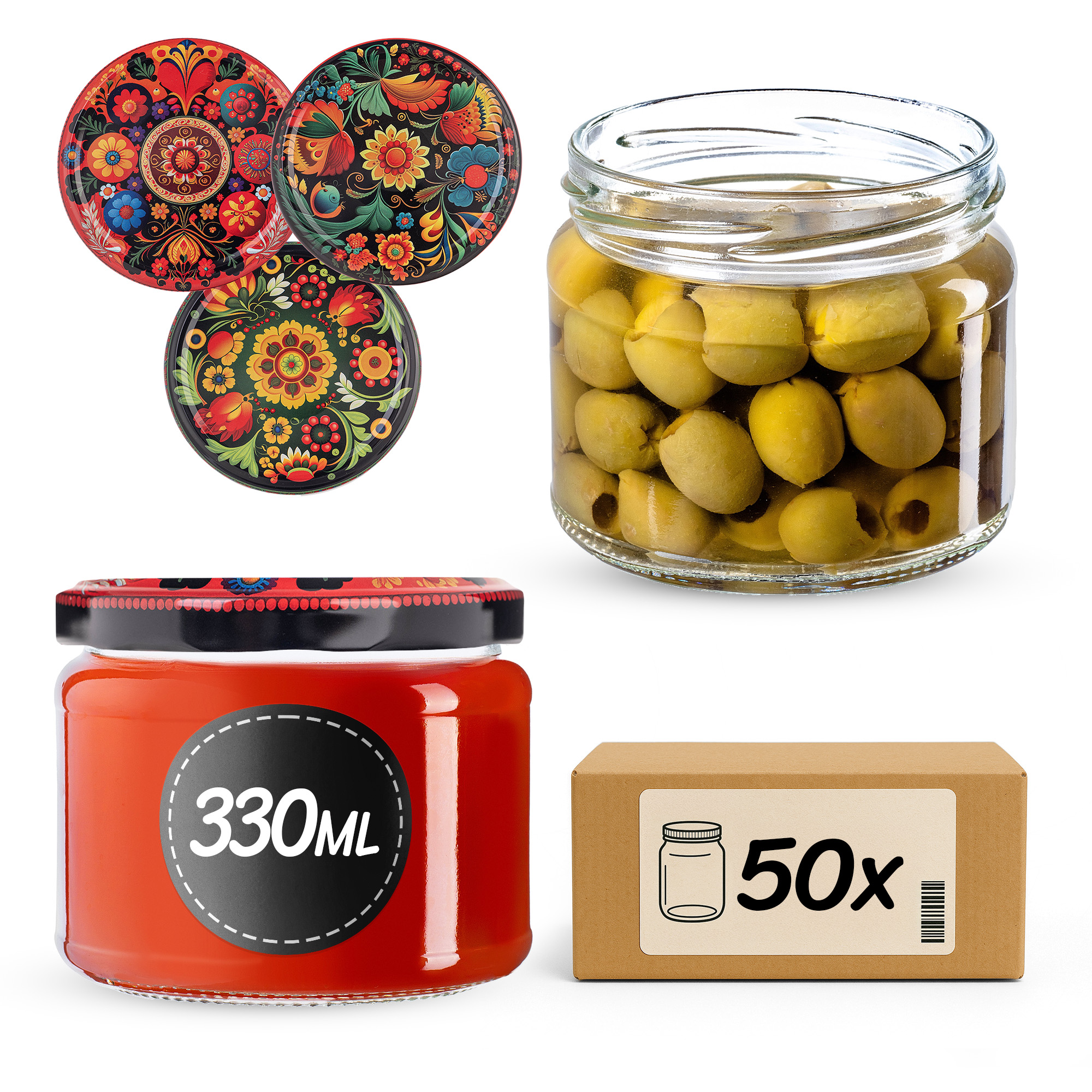 Słoiki na przetwory Sonka 330ml fi82mm 50szt + wieczko Haftowanka