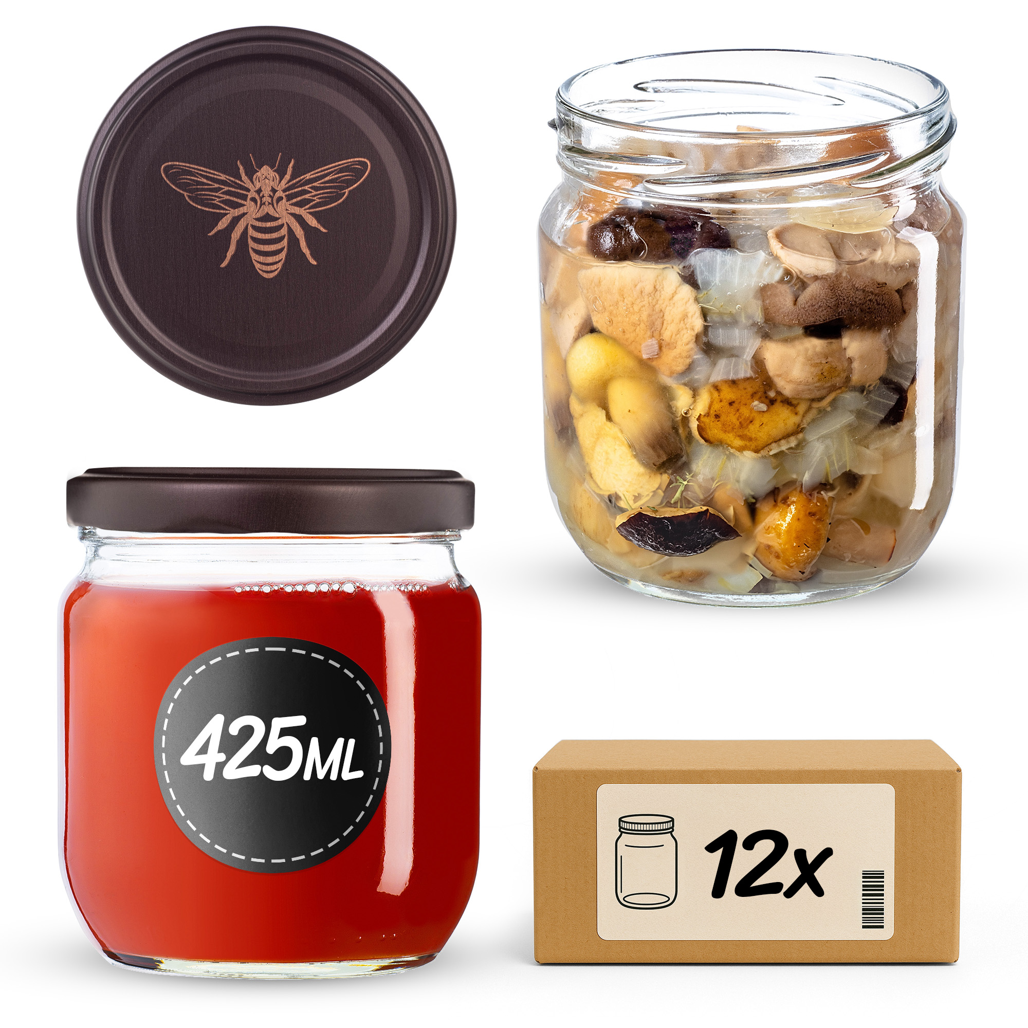 Słoiki na przetwory Salla 425ml fi82mm 12szt + wieczko Pszczoła