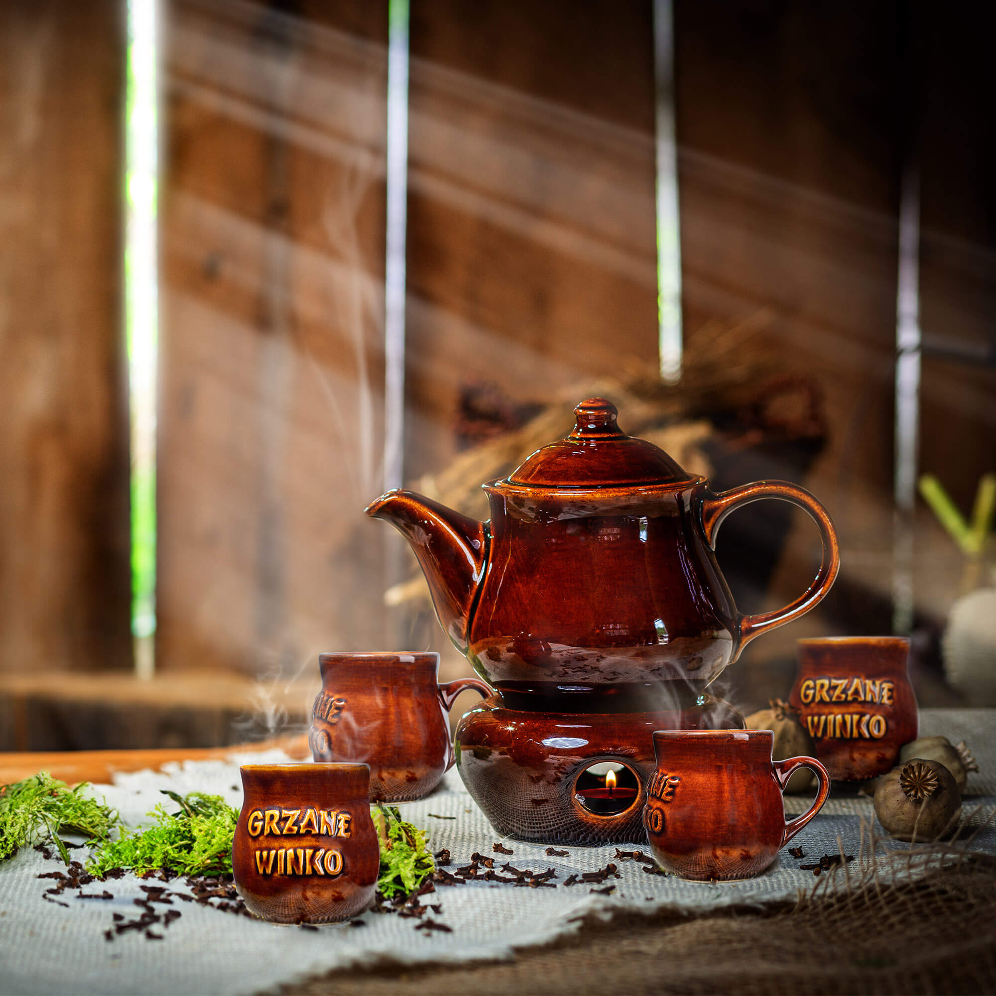 Zestaw kamionkowy do grzanego wina Olympia, z napisami