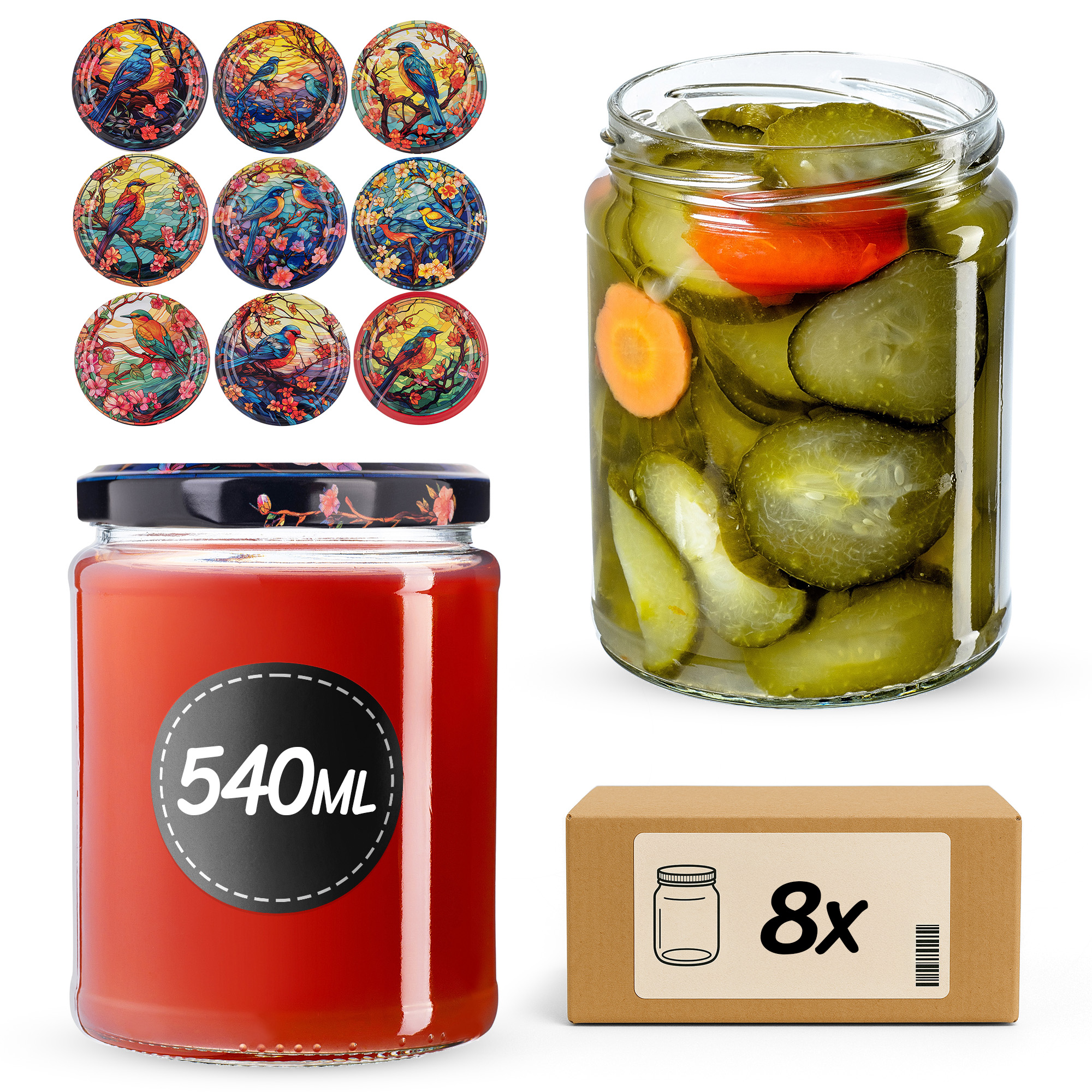 Słoiki na przetwory Maki 540ml fi82mm 8szt + wieczko Ptaki