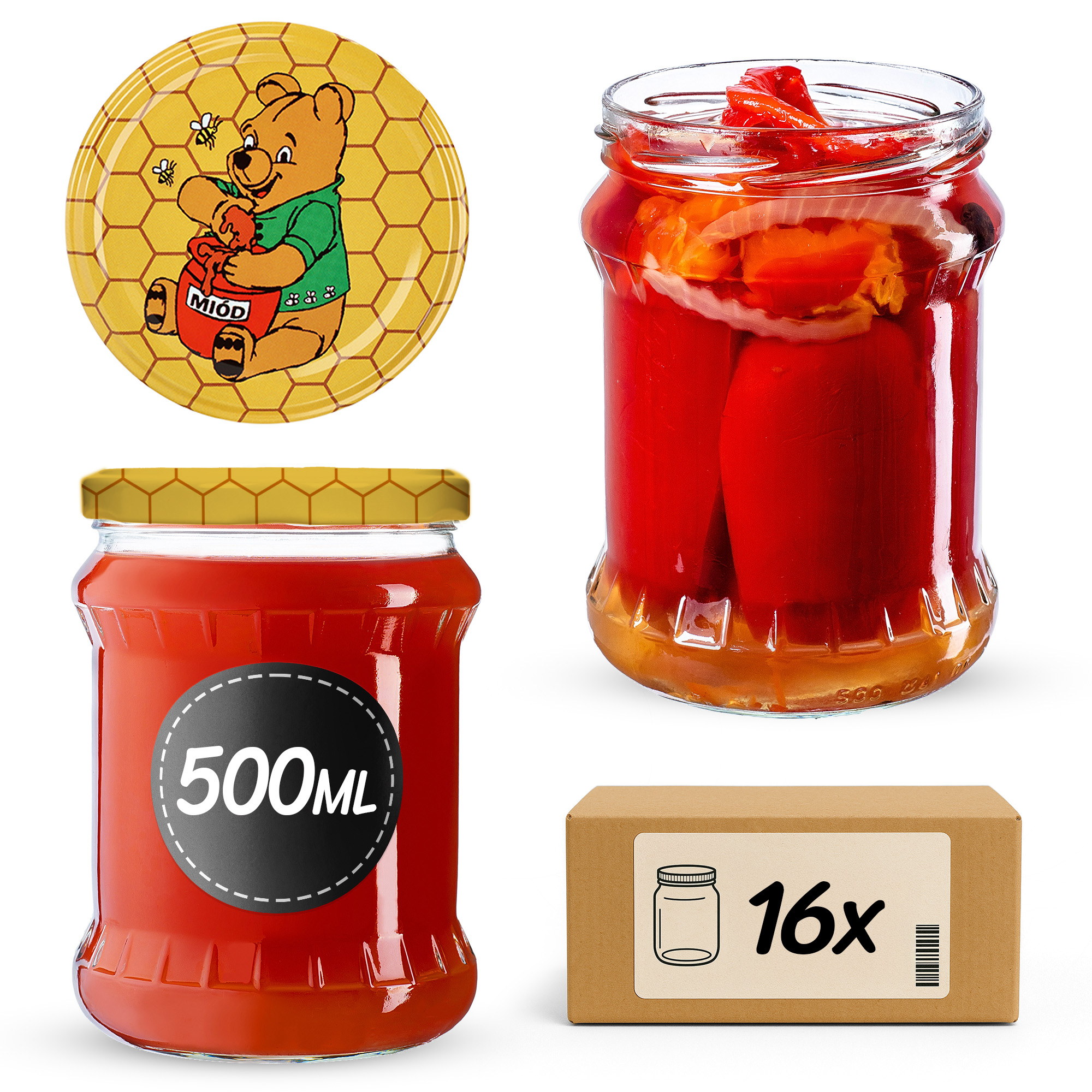 Słoiki na przetwory Kisko 500ml 16szt 82mm + wieczka "Miód"