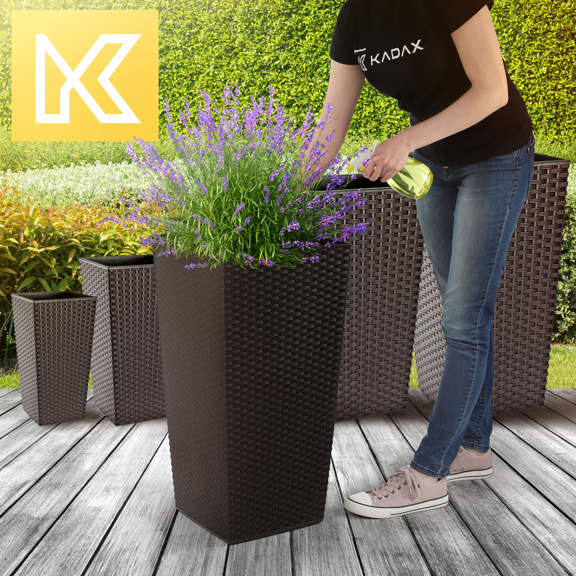Donice na kwiaty z wkładem Pesaro rattan 25 cm + 30 cm +35 cm, mokka