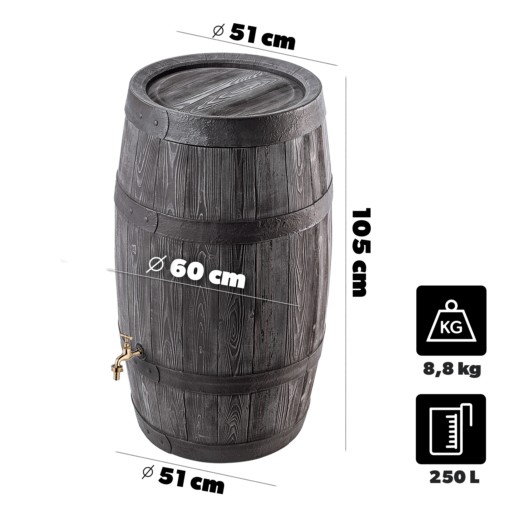 Zbiornik, beczka na deszczówkę Talais 250L + zestaw przyłączeniowy brąz