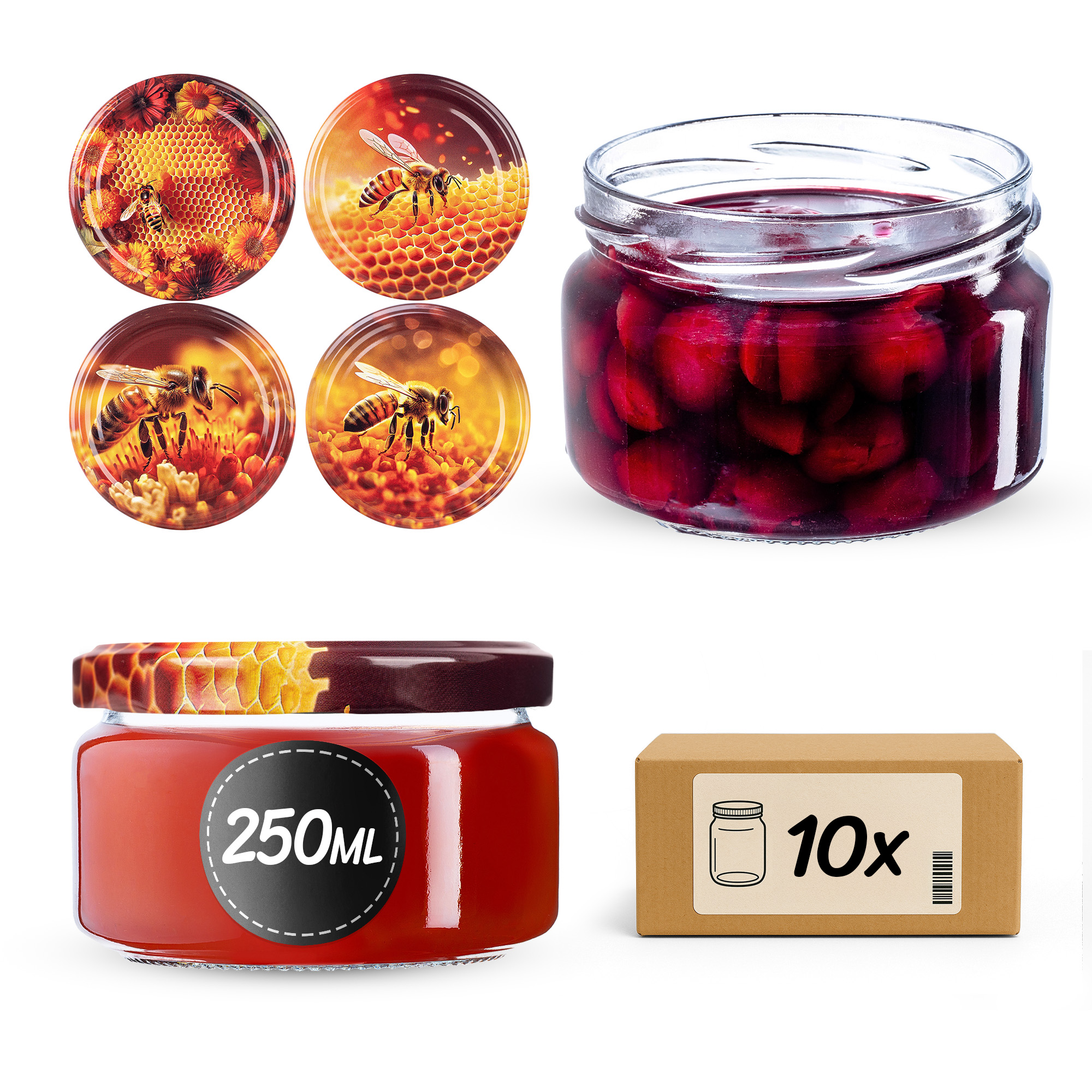Słoiki na przetwory Denia 250ml 10szt 82mm + wieczko "Zestaw miodowy"