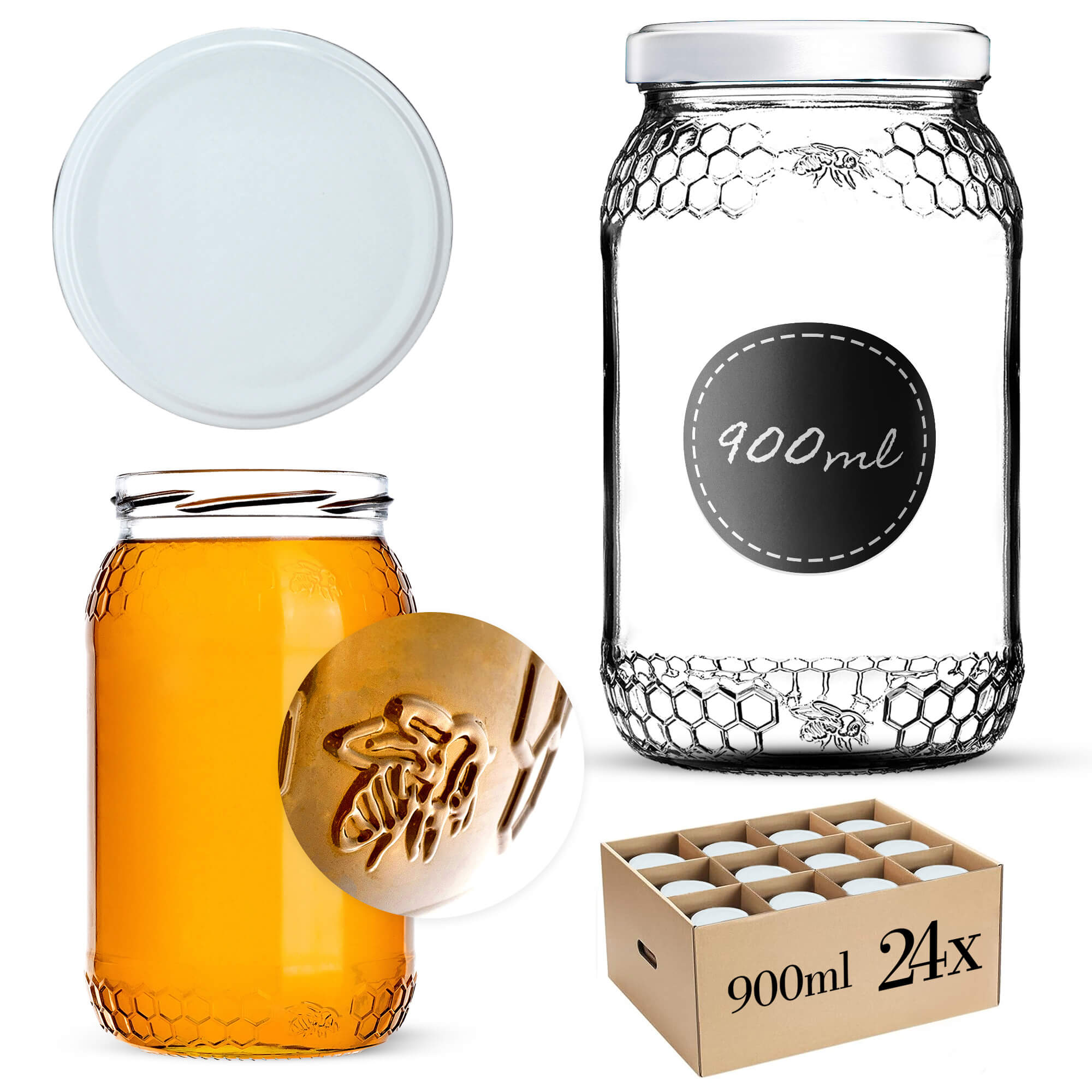 Szklany słój Lierde 900ml 82mm 24 szt. + wieczka białe