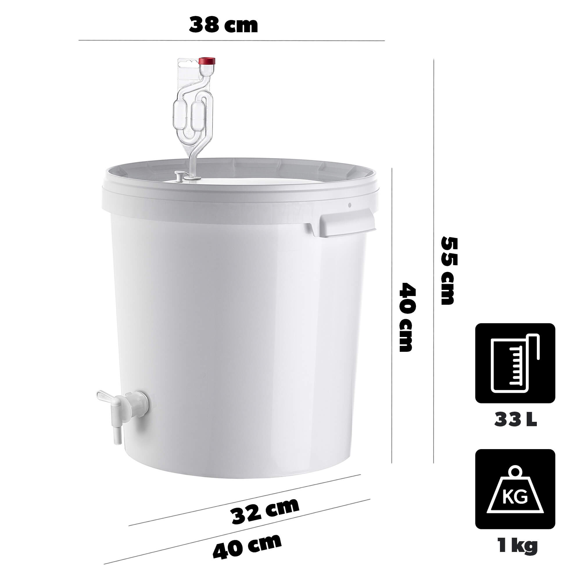 Pojemnik fermentacyjny Acerra z pokrywą 33L biały + korek + rurka fermentacyjna