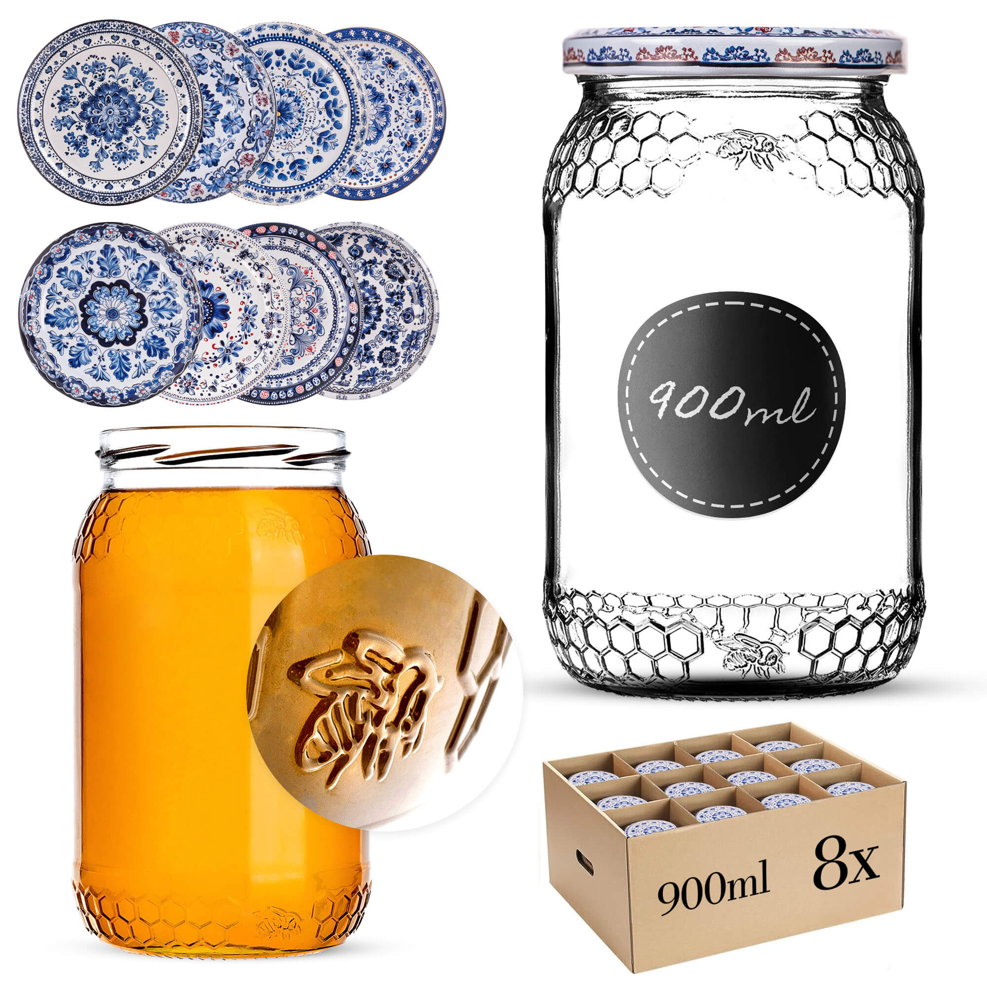 Szklany słój Lierde 900ml 82mm 8 szt. + wieczka "Bolesławiec"