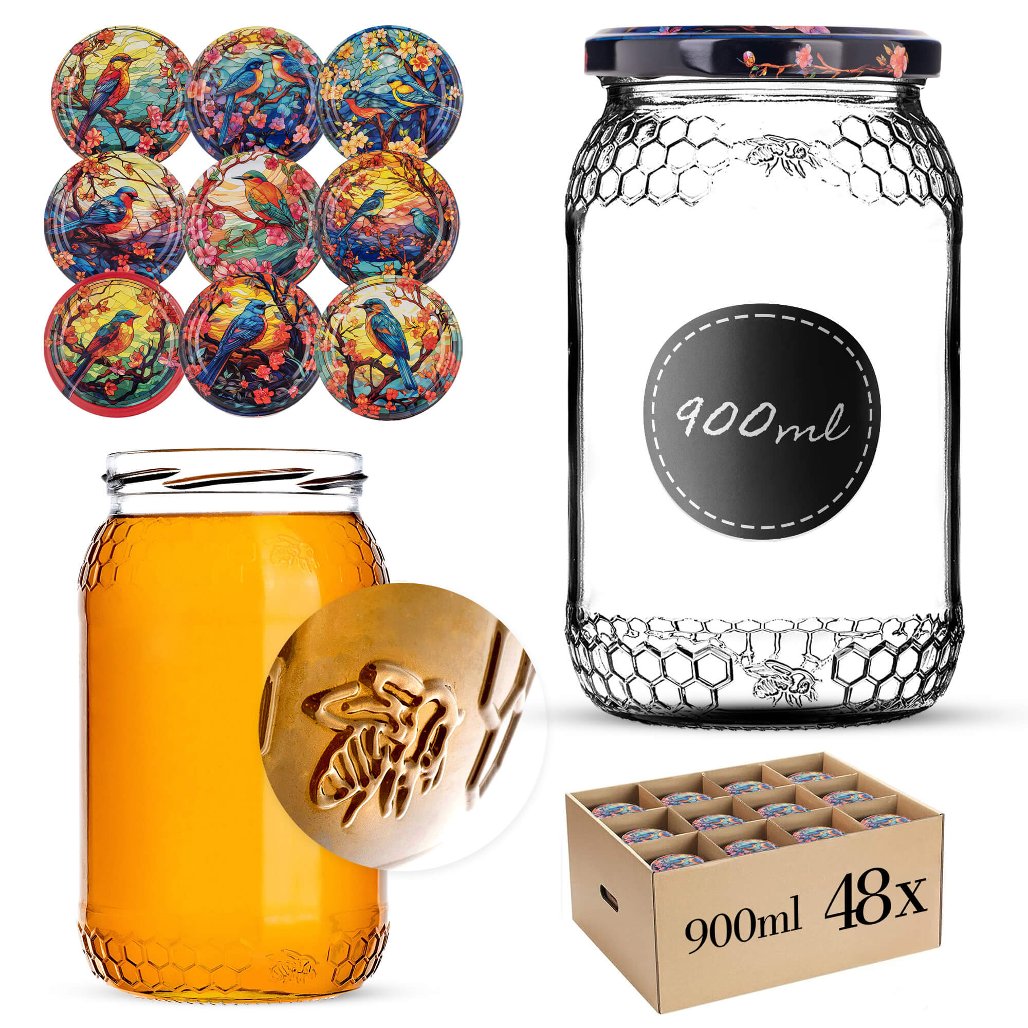 Szklany słój Lierde 900ml 82mm 48 szt. + wieczka "Witraż z ptakami"