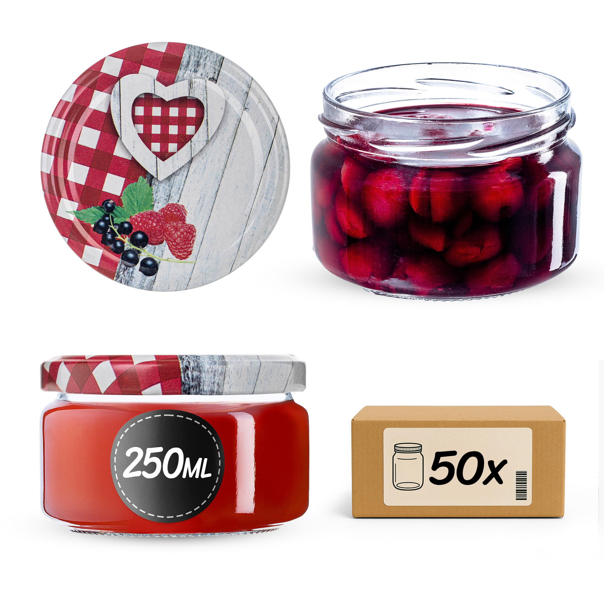 Słoiki na przetwory Denia 250ml 50szt 82mm + wieczko "Krata z serduszkiem"