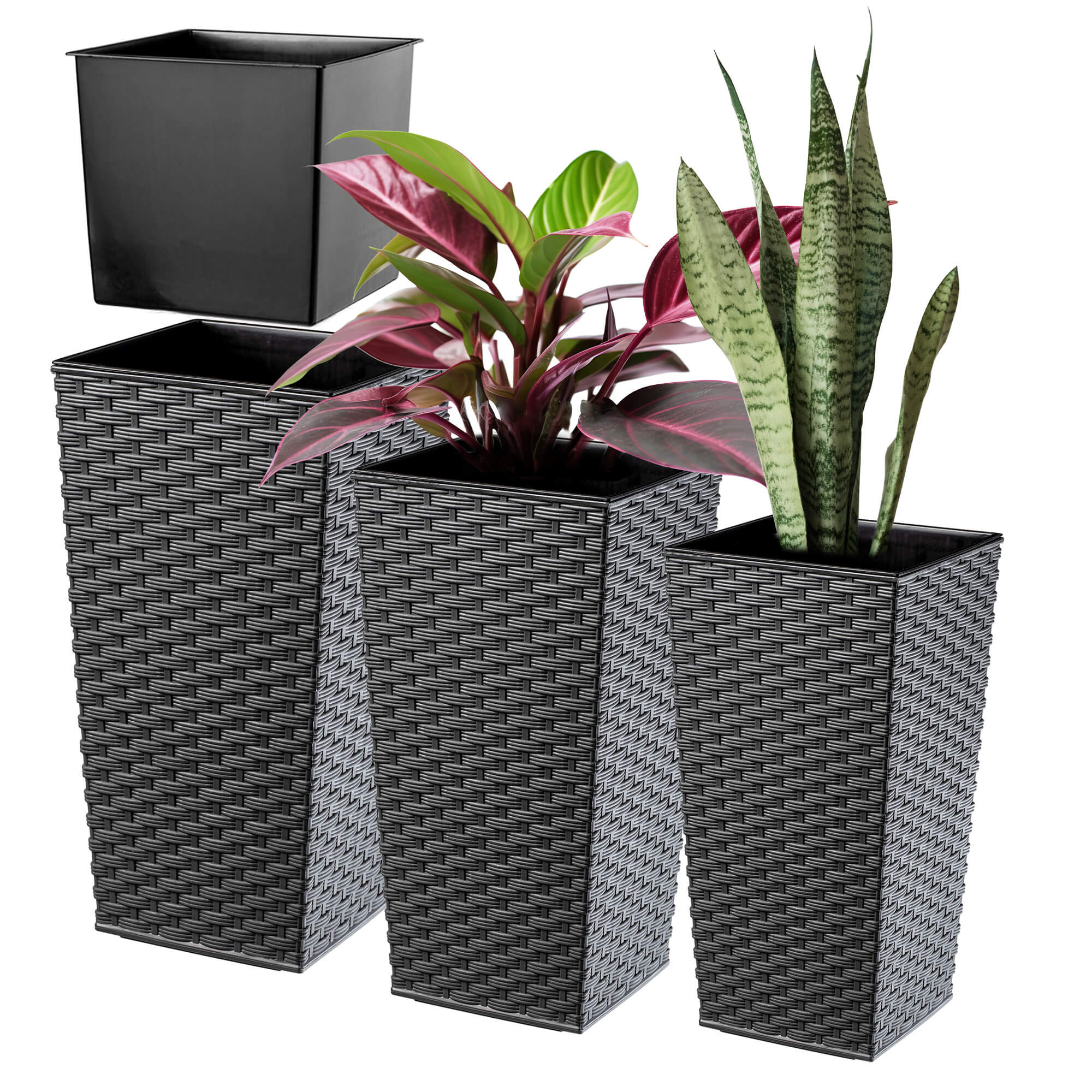 Donice na kwiaty z wkładem Pesaro rattan 25 cm + 30 cm + 35 cm, grafit