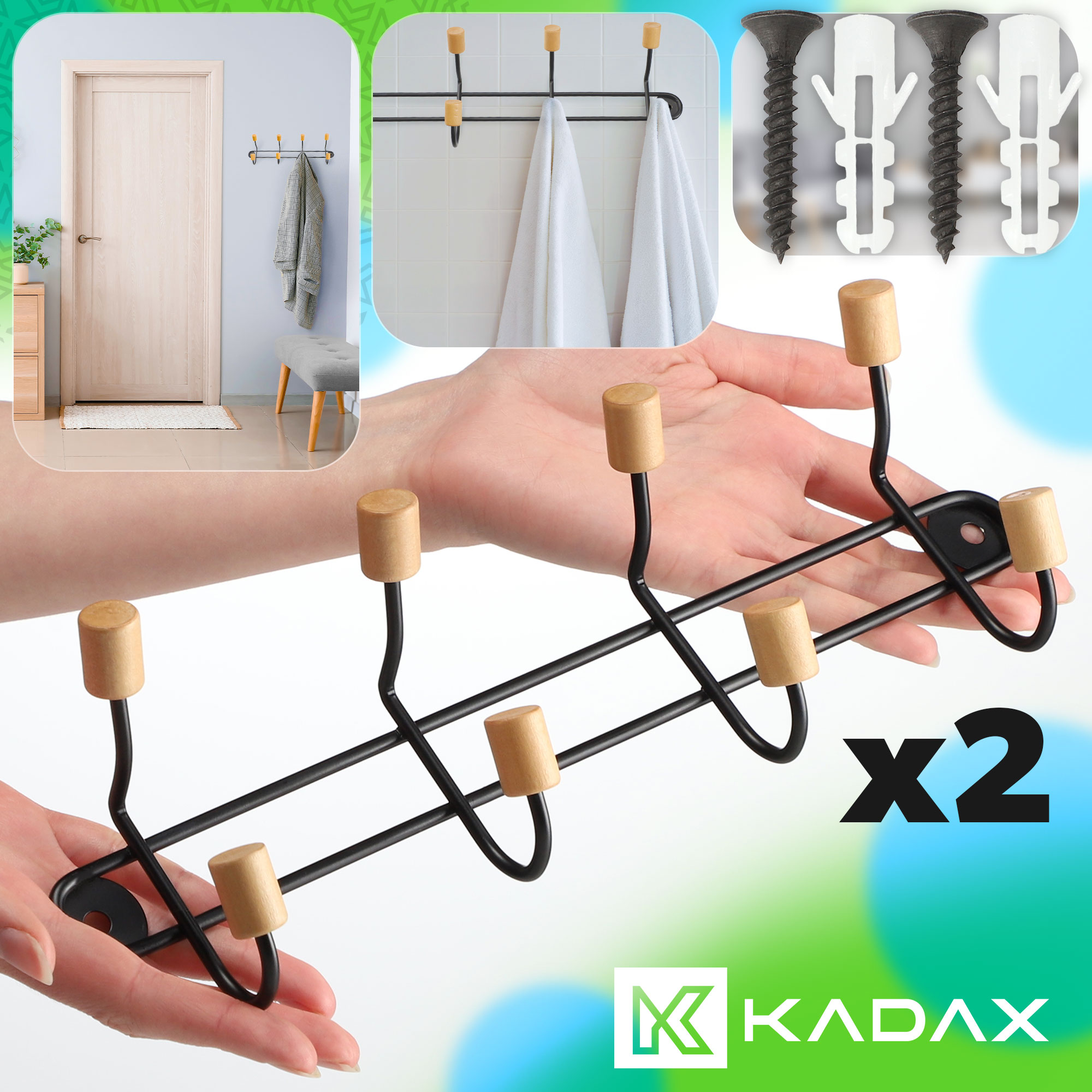 Wieszak ścienny Imola z bambusem, 4 haki, czarny, 2 szt.