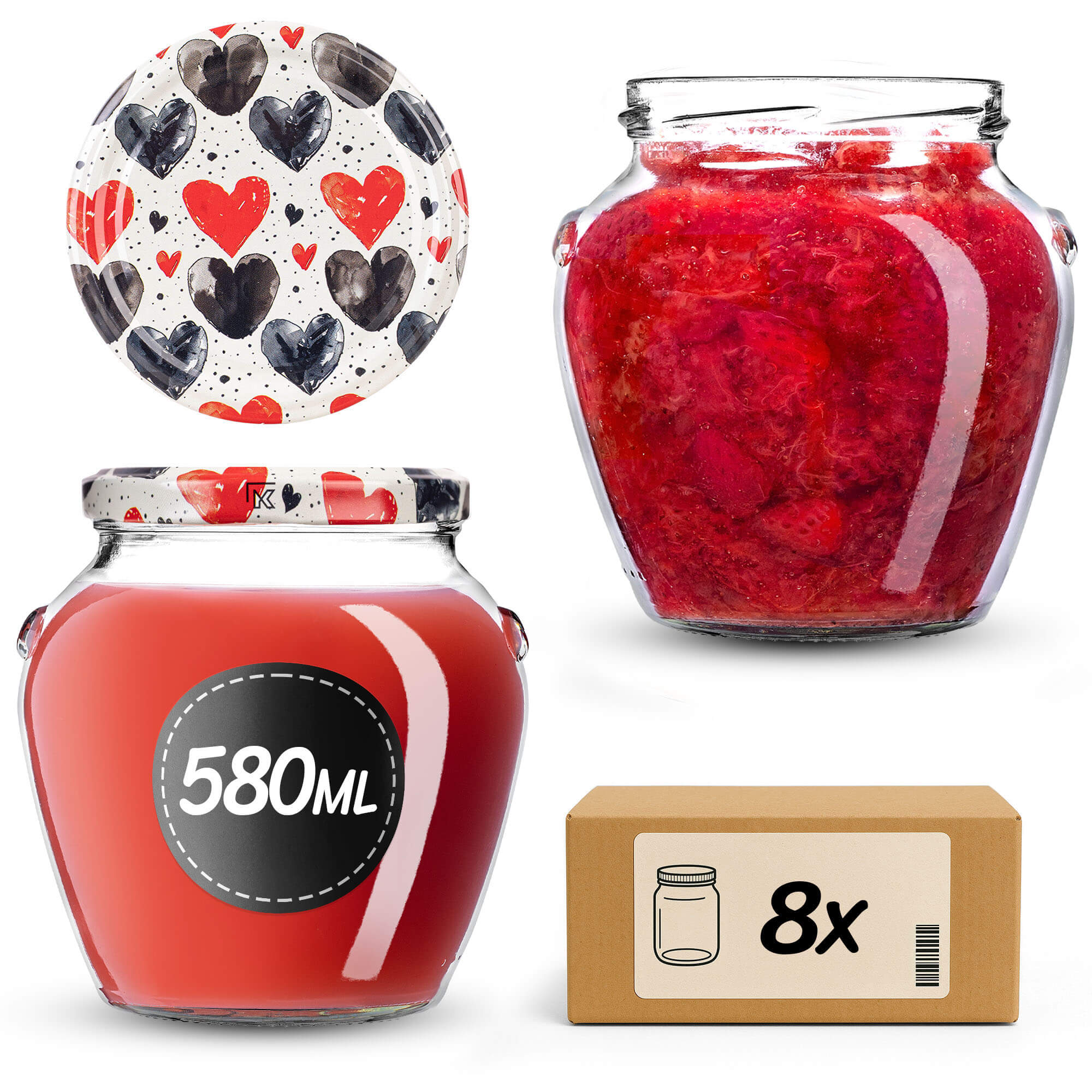 Słoiki na przetwory Sassa 580ml 8szt 82mm + wieczka "Czarno-czerwone serca"