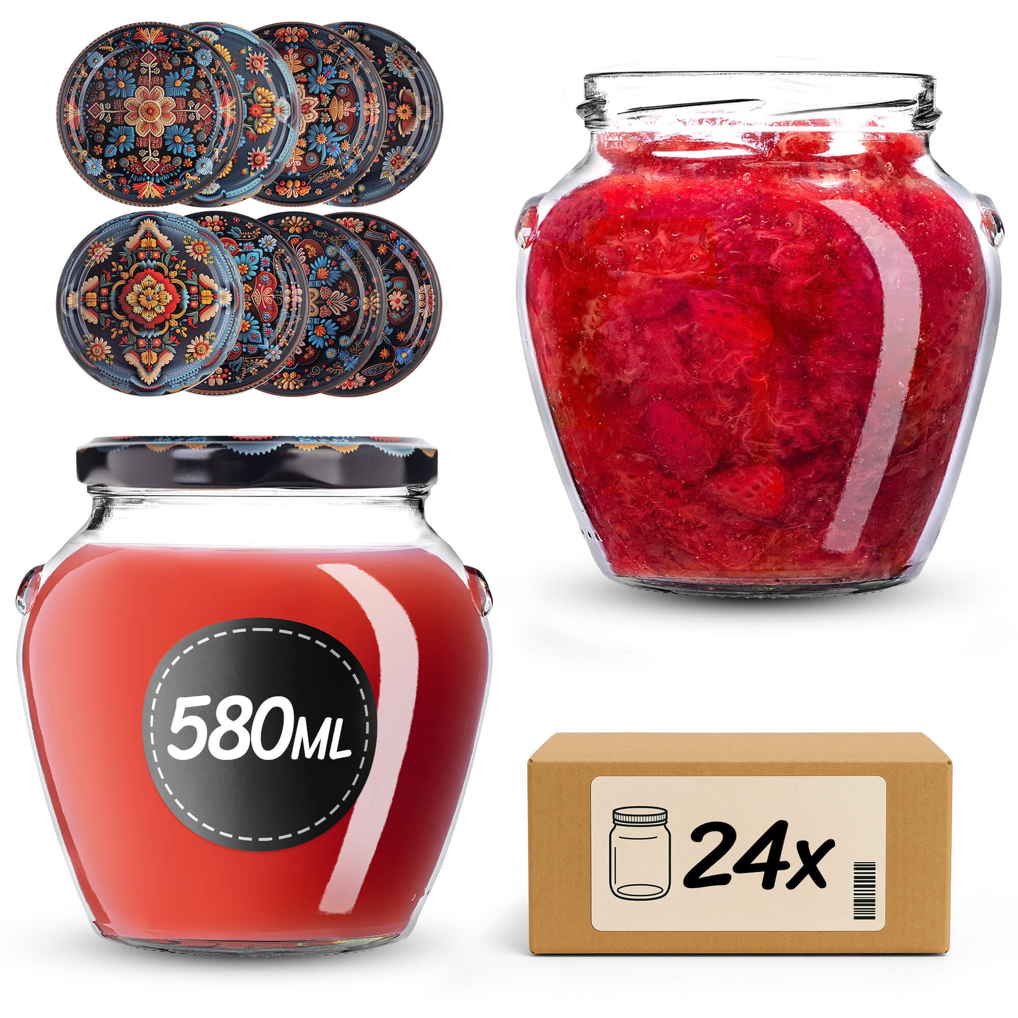 Słoiki na przetwory Sassa 580ml 24szt 82mm + wieczka "Haft"
