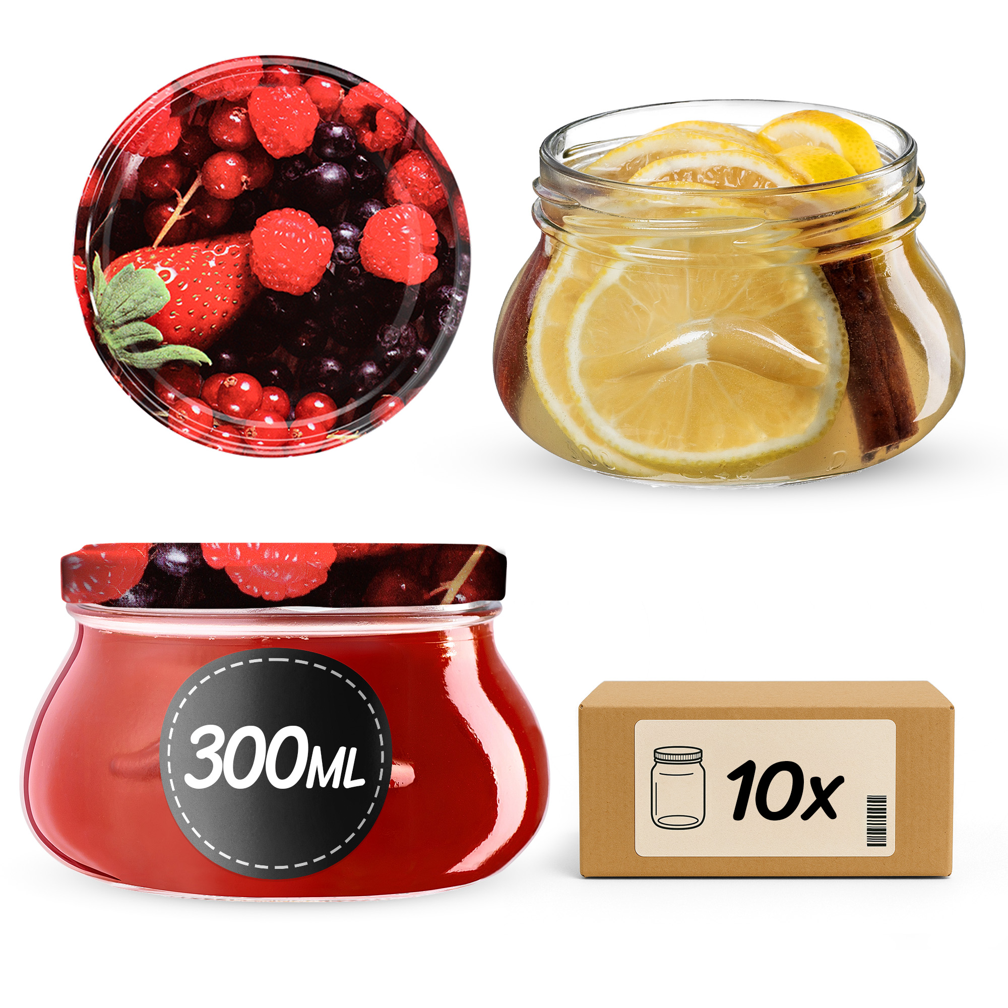 Słoiki na przetwory Raja 300ml 10szt 82mm + wieczka "Owoce leśne"