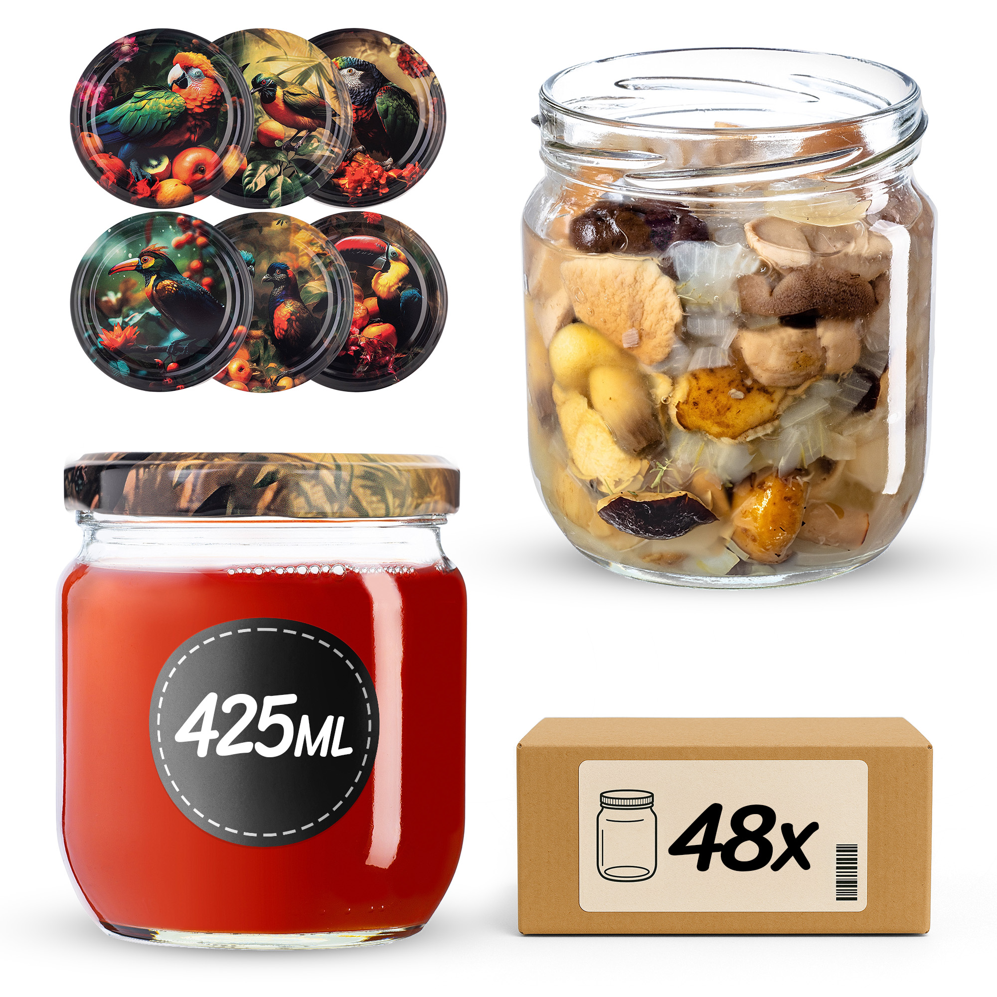 Słoiki na przetwory Salla 425ml fi82mm 48szt + wieczko Ptaki