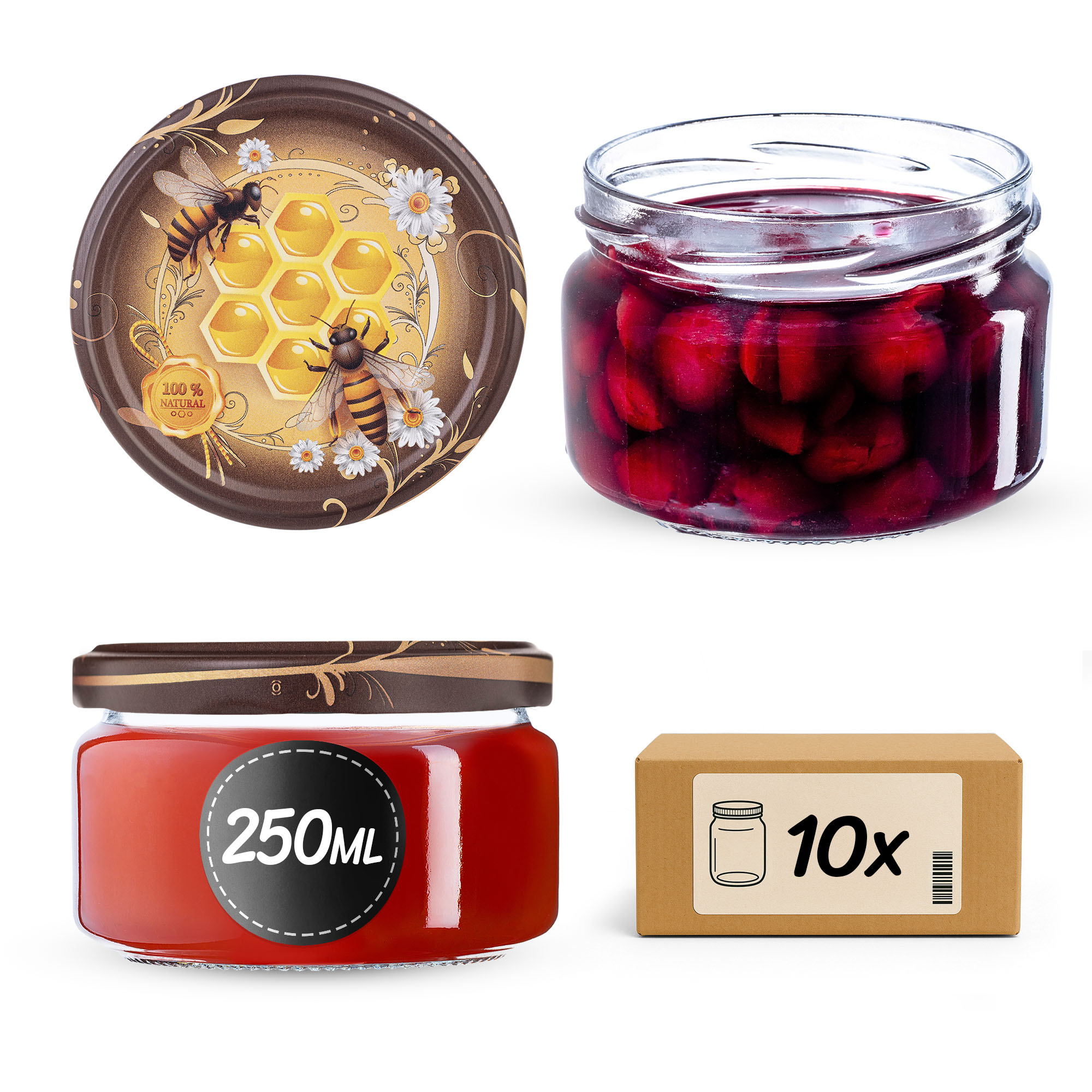 Słoiki na przetwory Denia 250ml 10szt 82mm + wieczko "Pszczoły z kwiatkami"