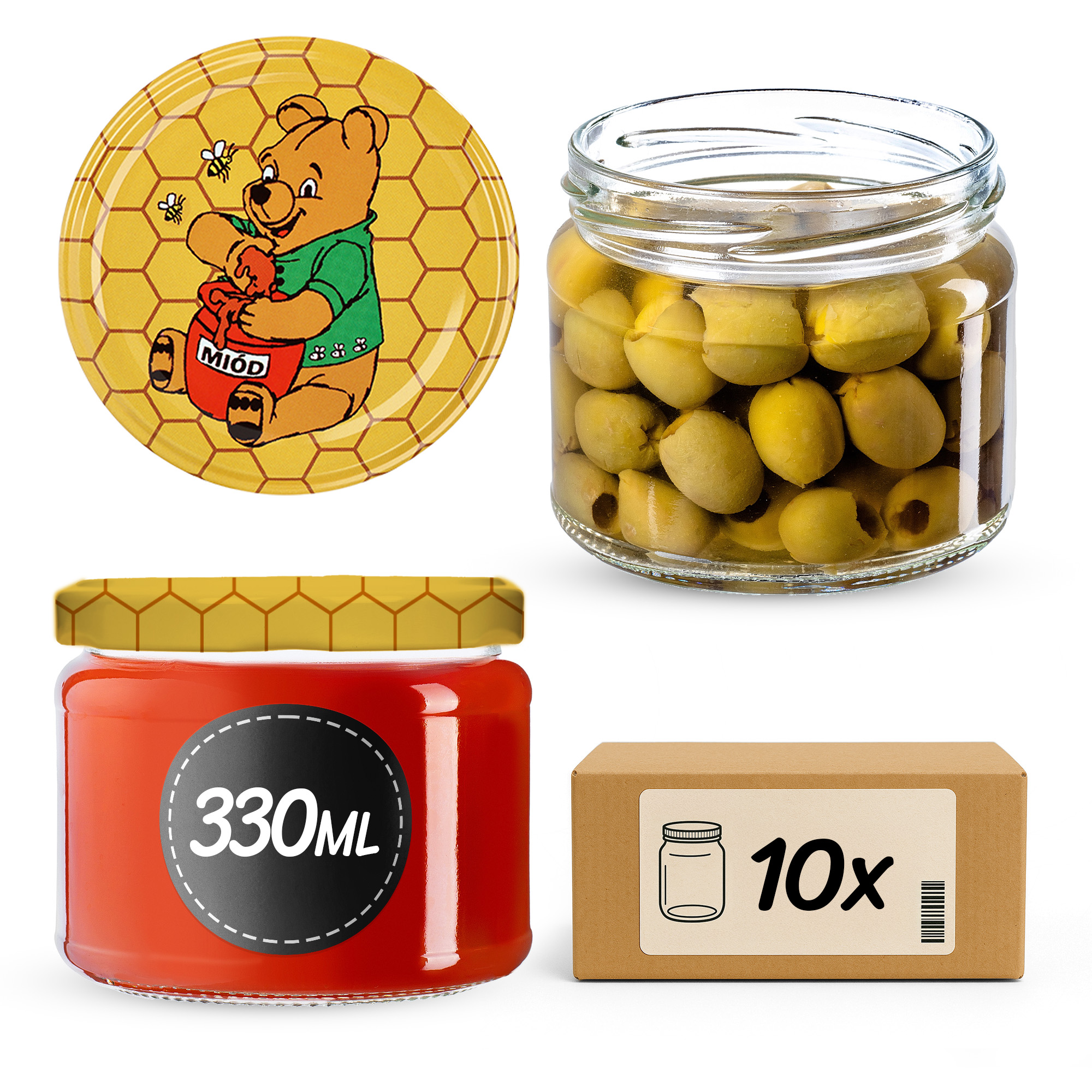 Słoiki na przetwory Sonka 330ml 10szt 82mm + wieczka "Miód"