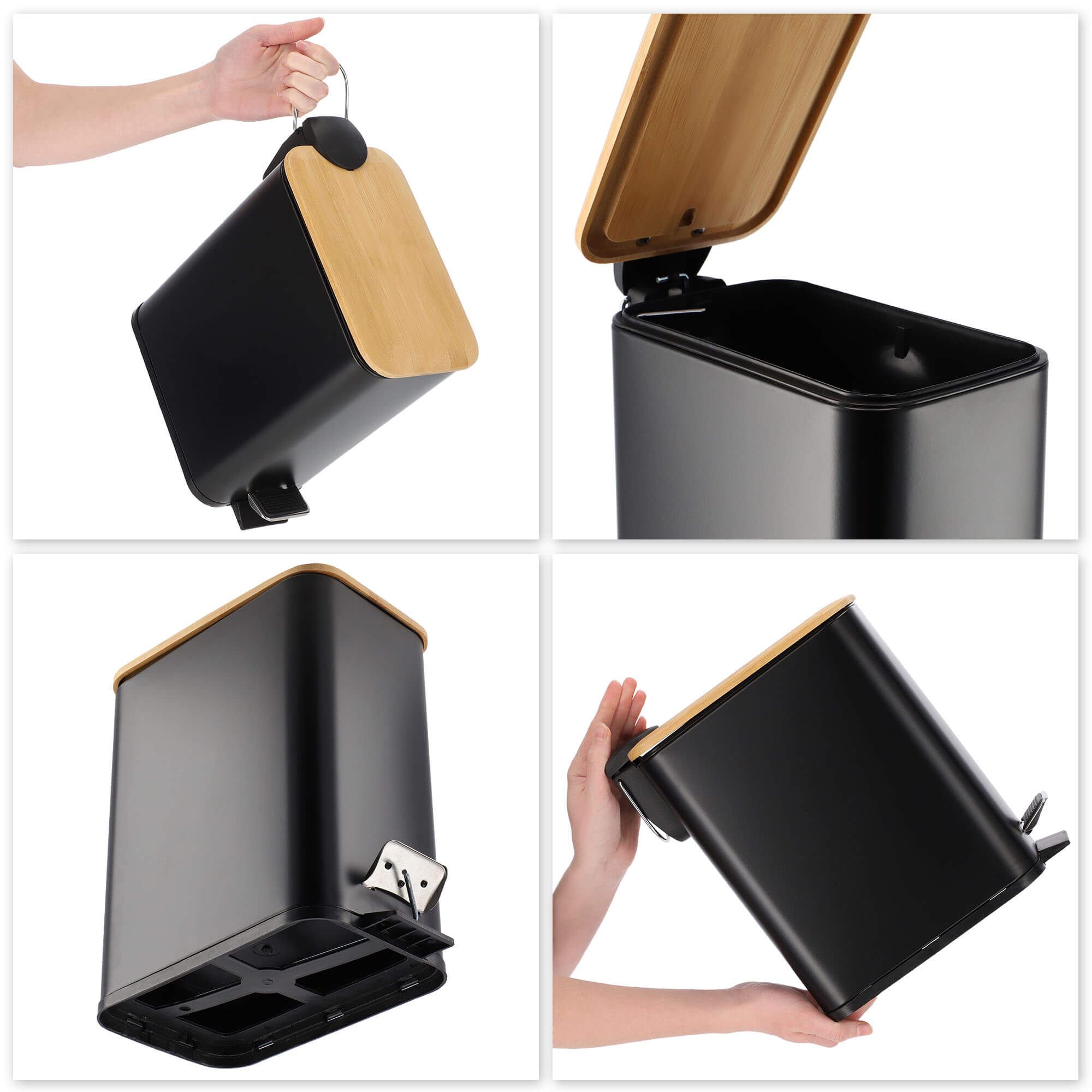 Kosz na śmieci z bambusową pokrywą 5L, czarny