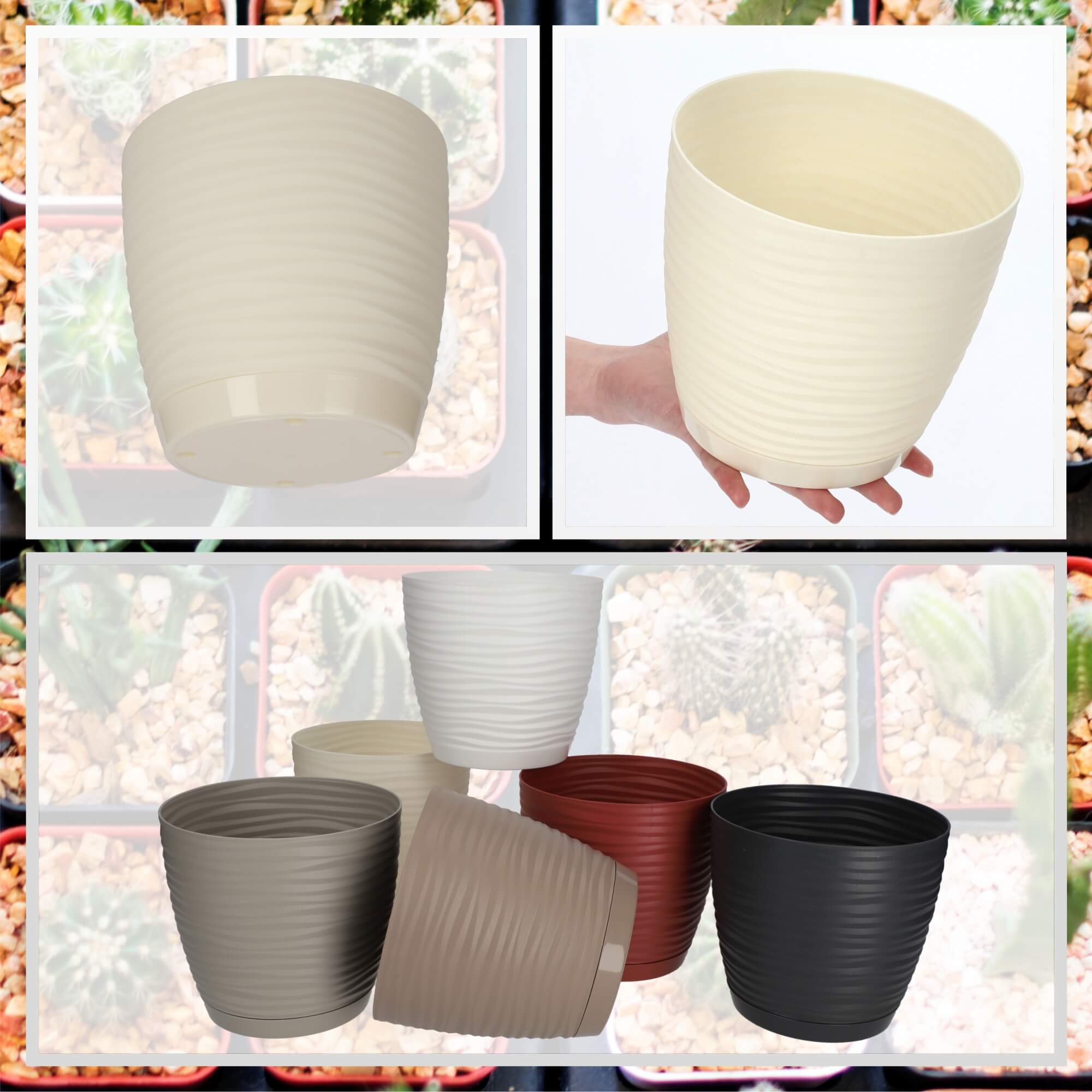 Doniczka na kwiaty okrągła z podstawką 17 cm, kremowa