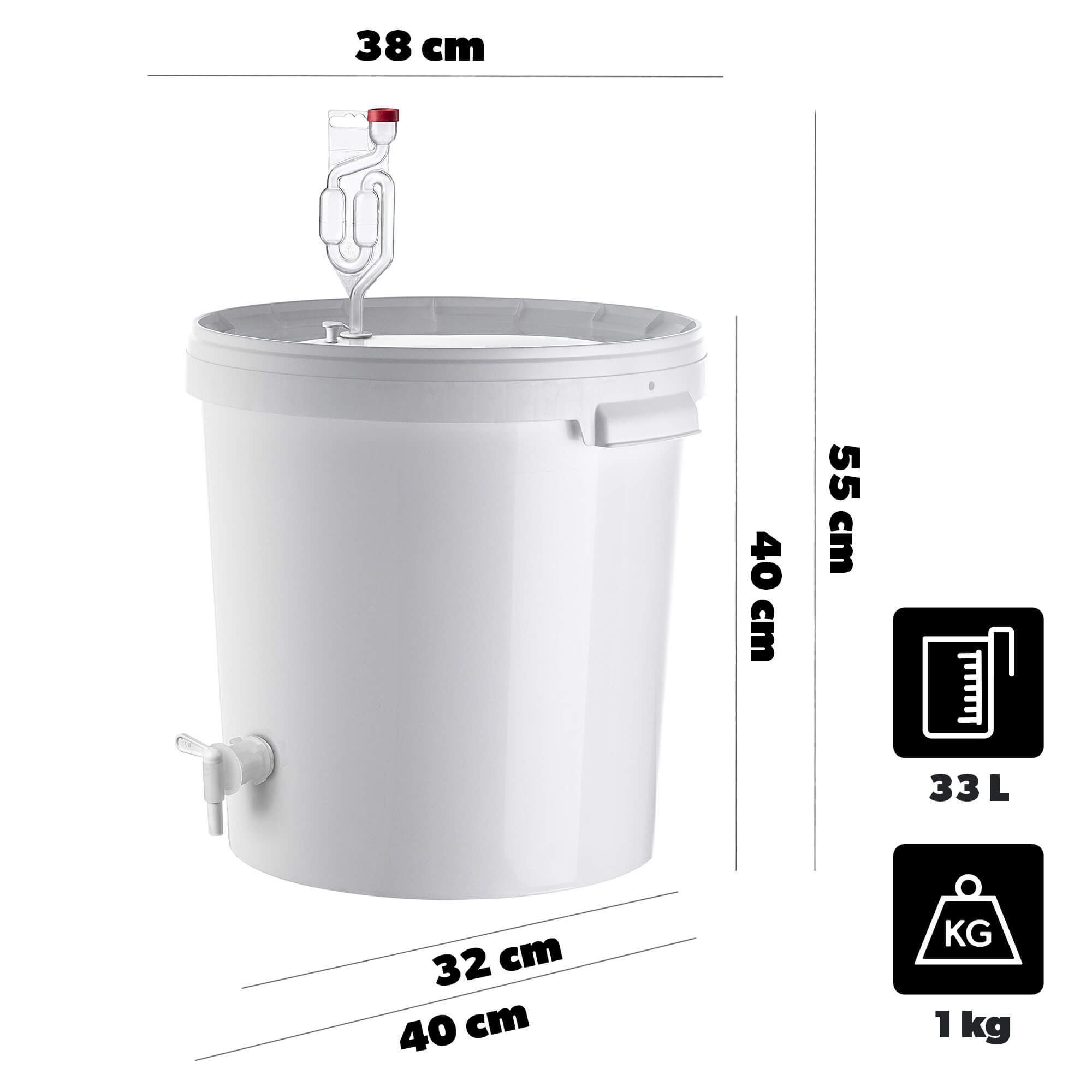 Pojemnik fermentacyjny Acerra z pokrywą 33L biały + kran + korek + rurka fermentacyjna