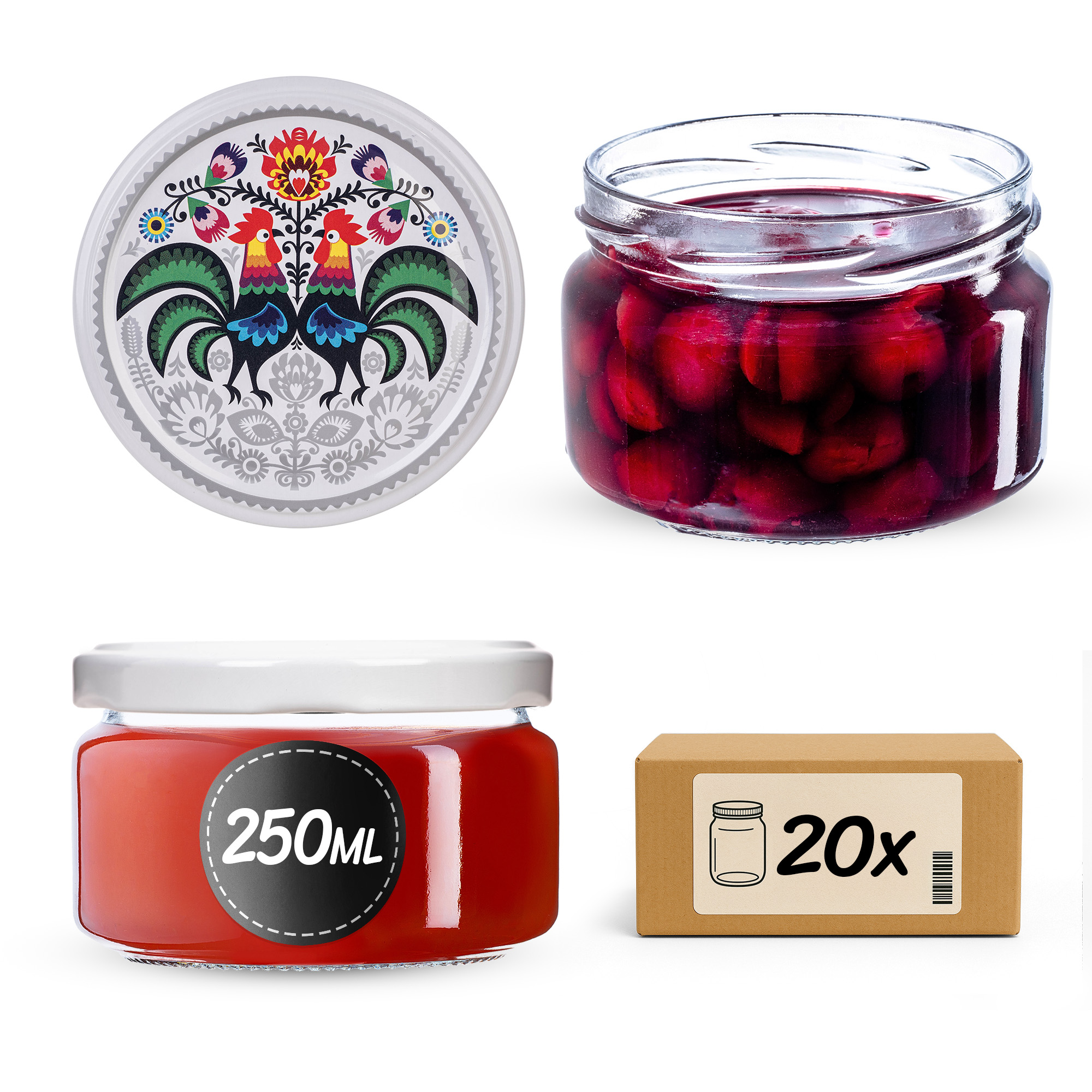 Słoiki na przetwory Denia 250ml 20szt 82mm + wieczko "Kogut"