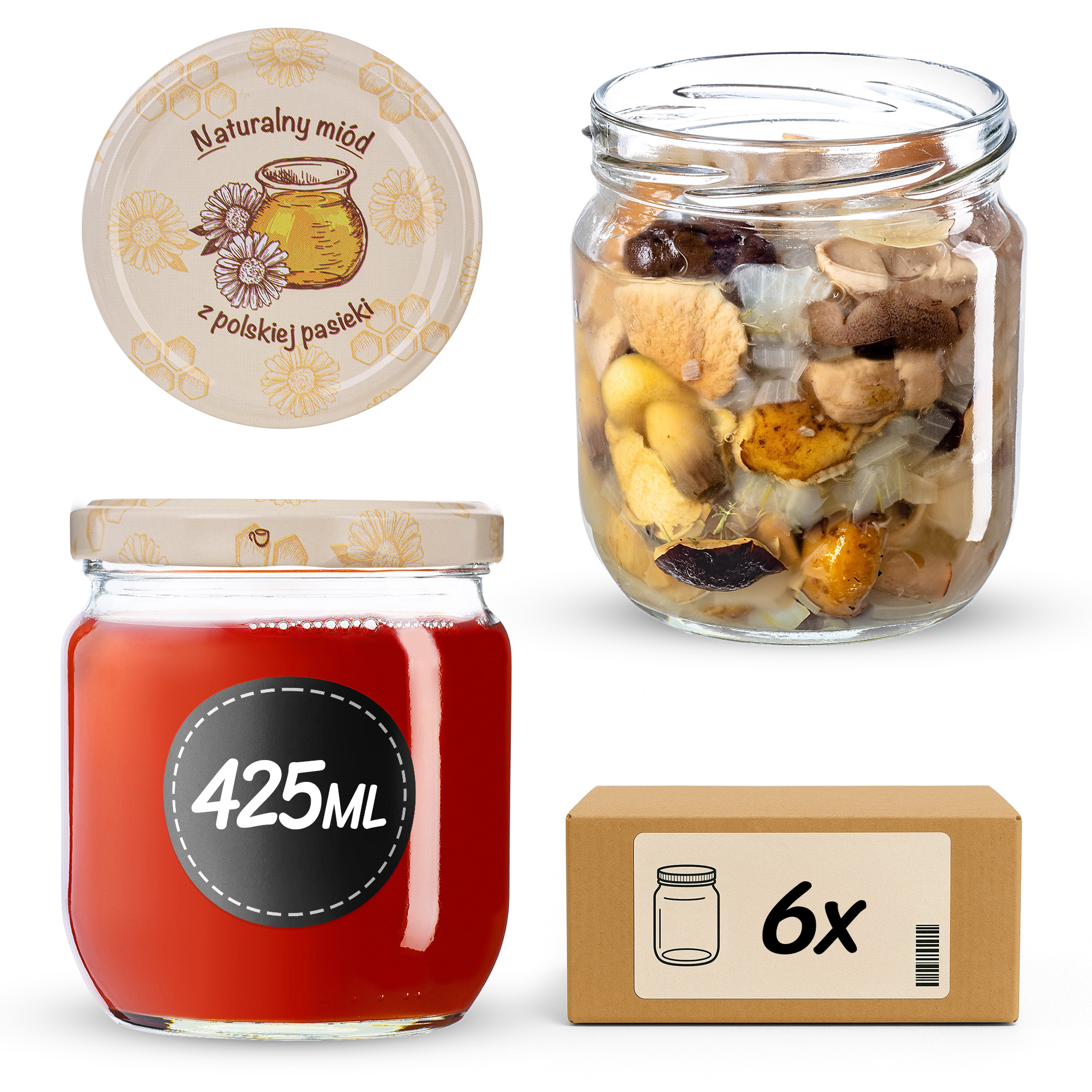 Słoiki na przetwory Salla 425ml fi82mm 6szt + wieczko Miód z pasieki