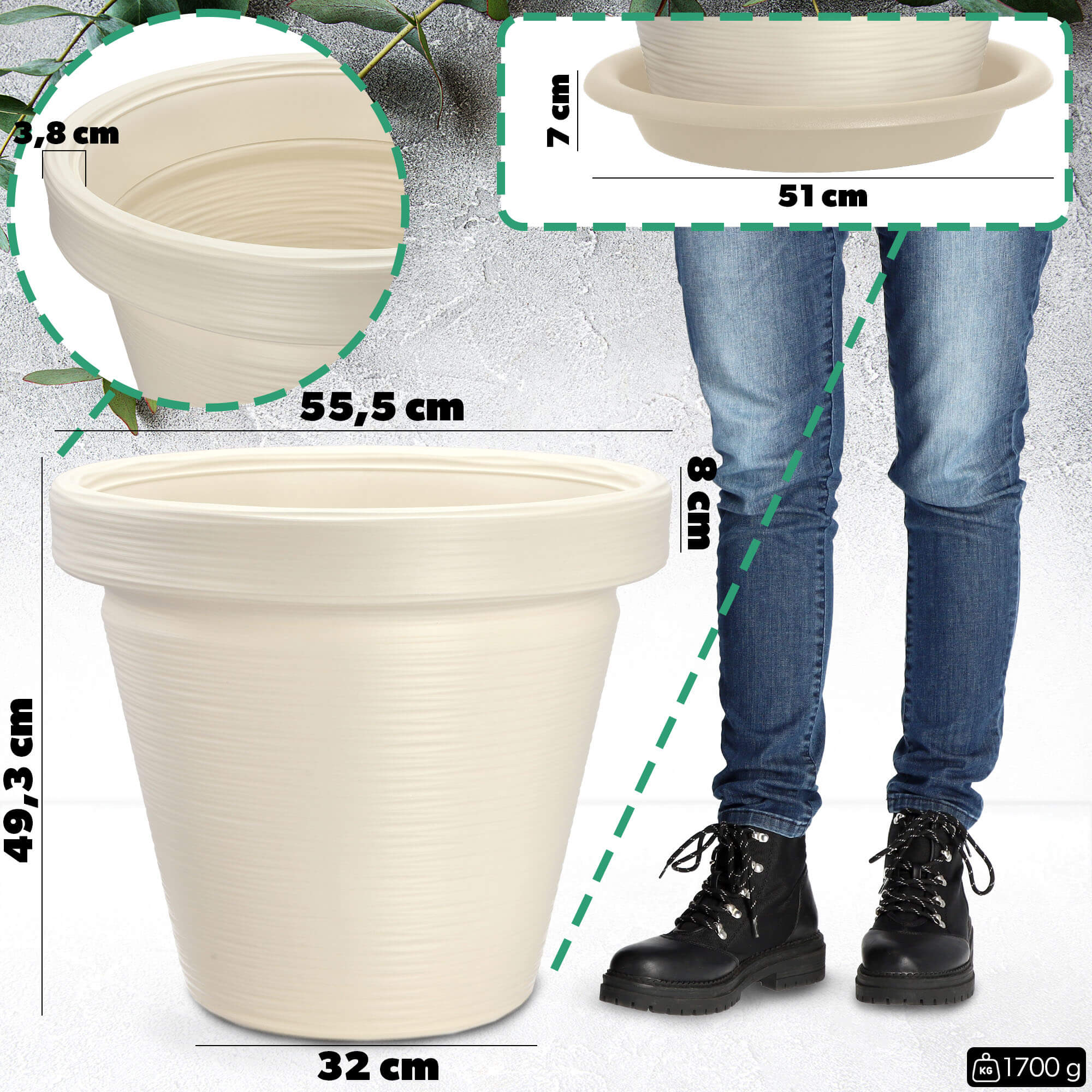 Donica z podstawką Cieza 55 cm, kremowa