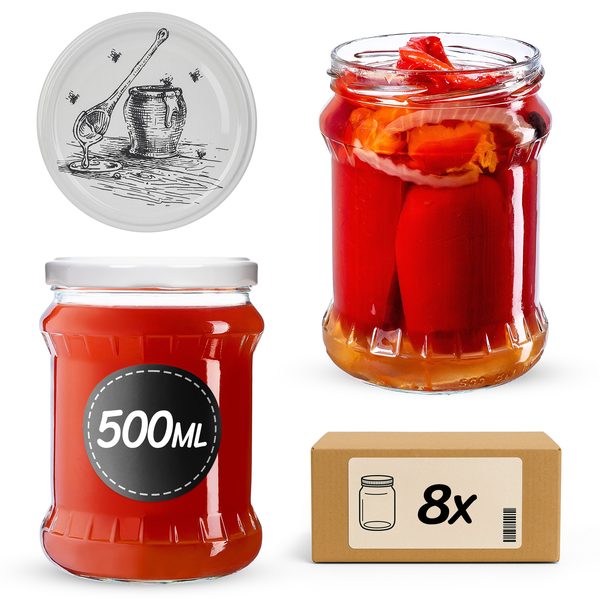 Słoiki na przetwory Kisko 500ml fi82mm 8szt + wieczko Pszczoła
