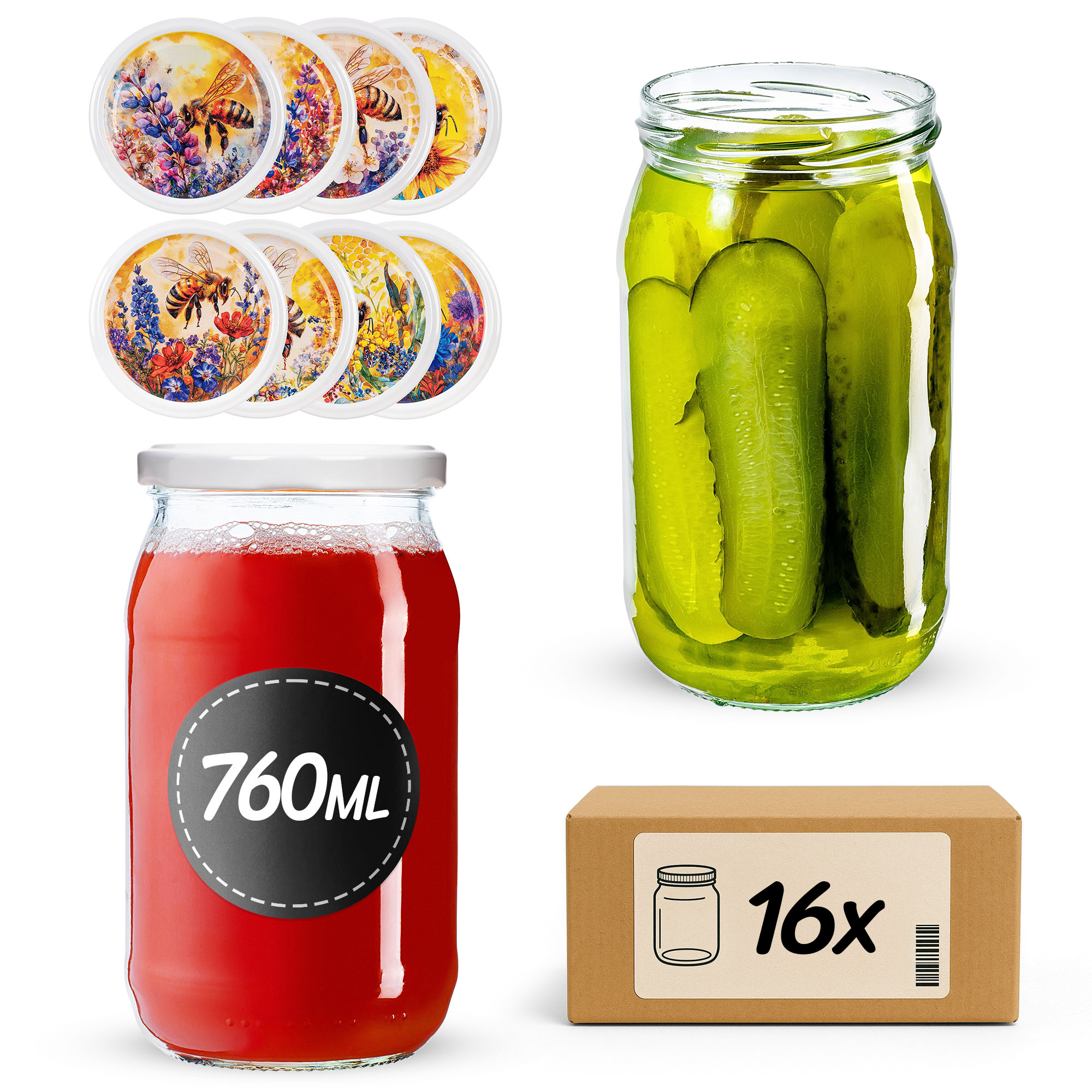 Słoiki na przetwory Niva 760ml fi82mm 16szt + wieczko Bee of the field