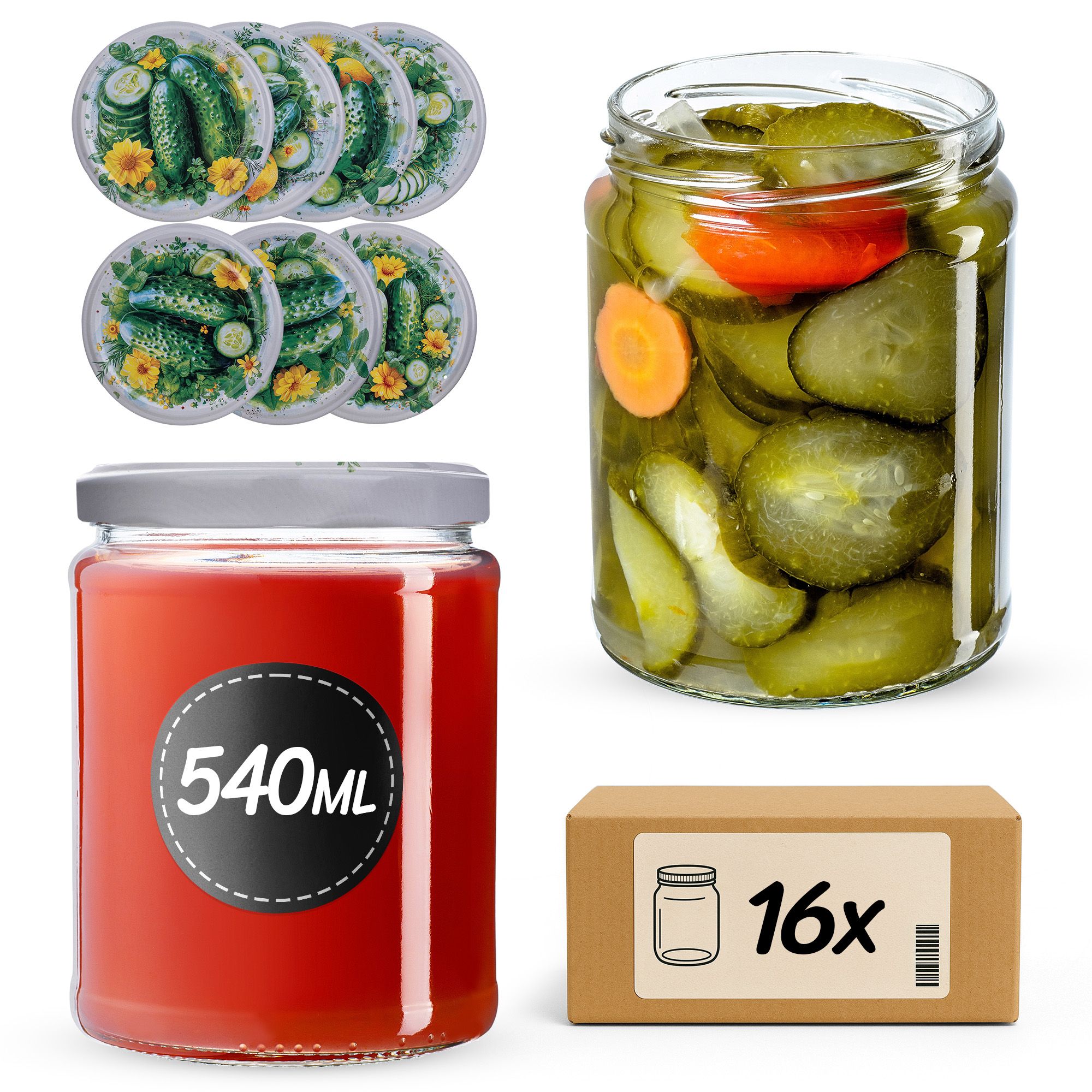 Słoiki na przetwory Maki 540ml fi82mm 16szt + wieczko Kompozycja ogórkowa