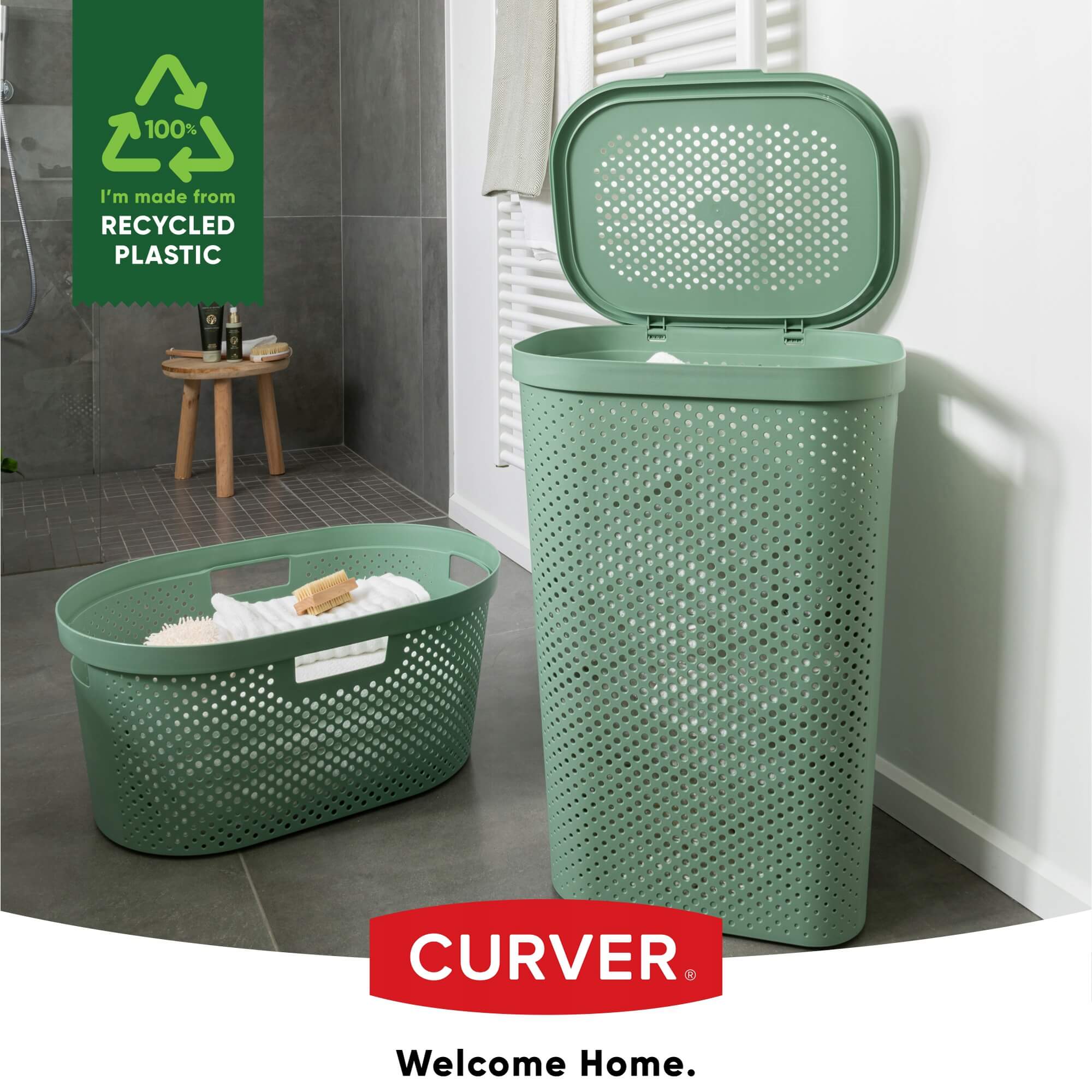 Kosz z pokrywą 60L + pojemnik 40L Curver Infinity Recycled zielony