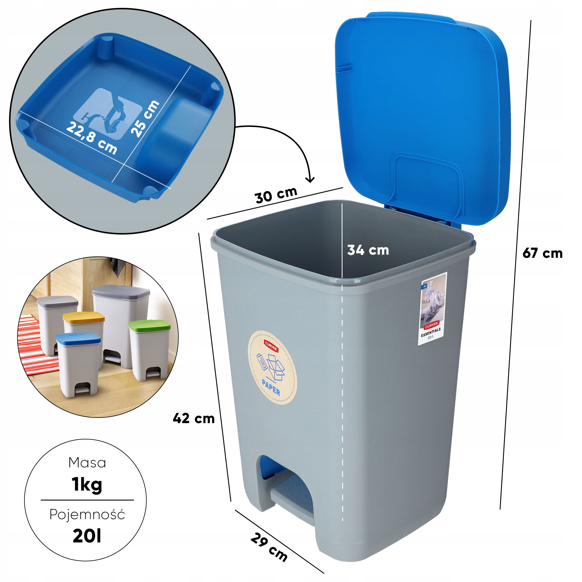 Kosz na śmieci Curver Essentials 20L, niebieski