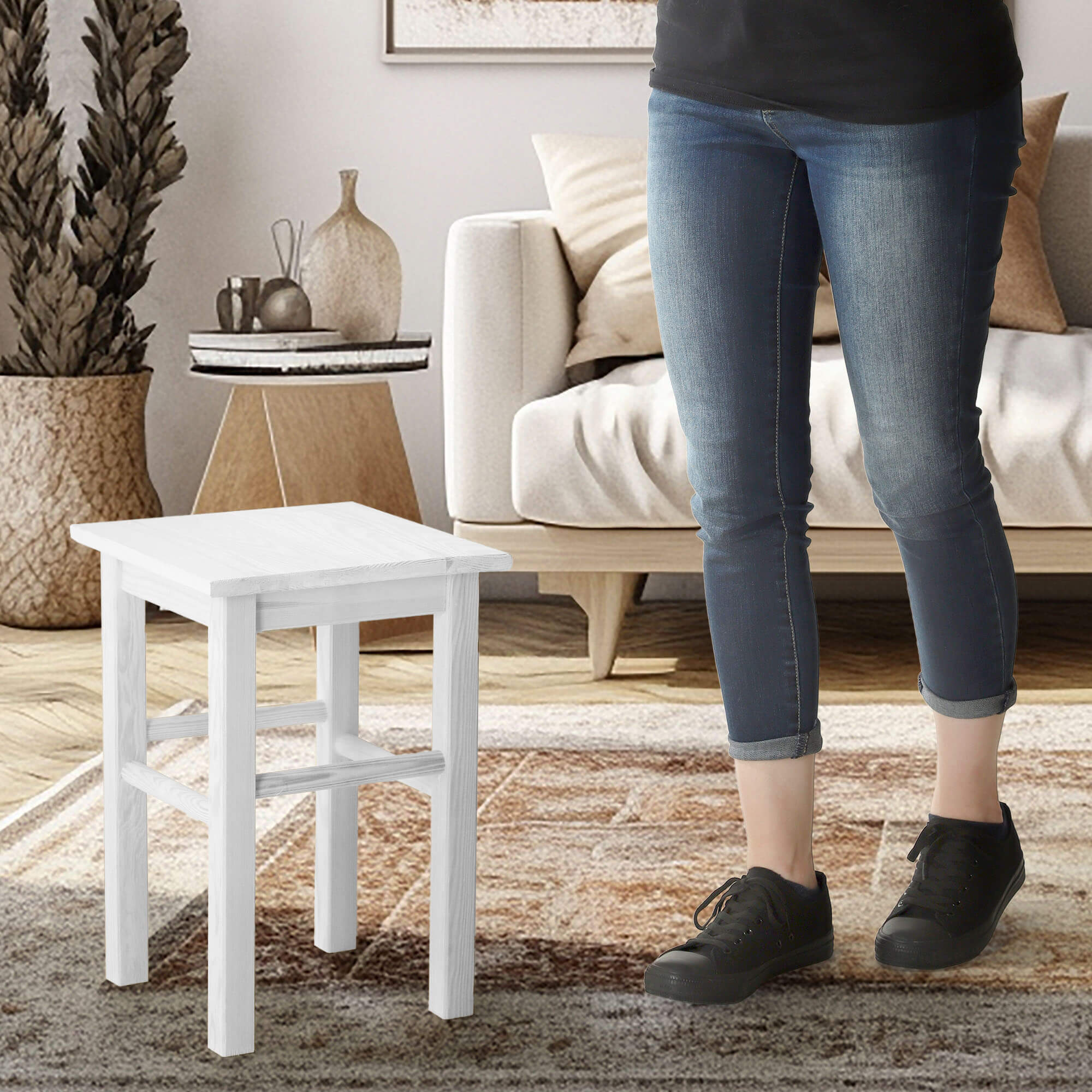 Taboret drewniany Rena 44x30 cm kwadratowy biały