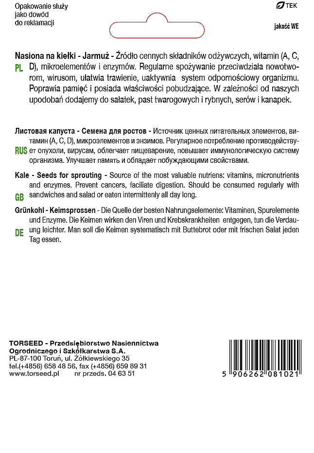 Nasiona na kiełki Jarmuż 10g