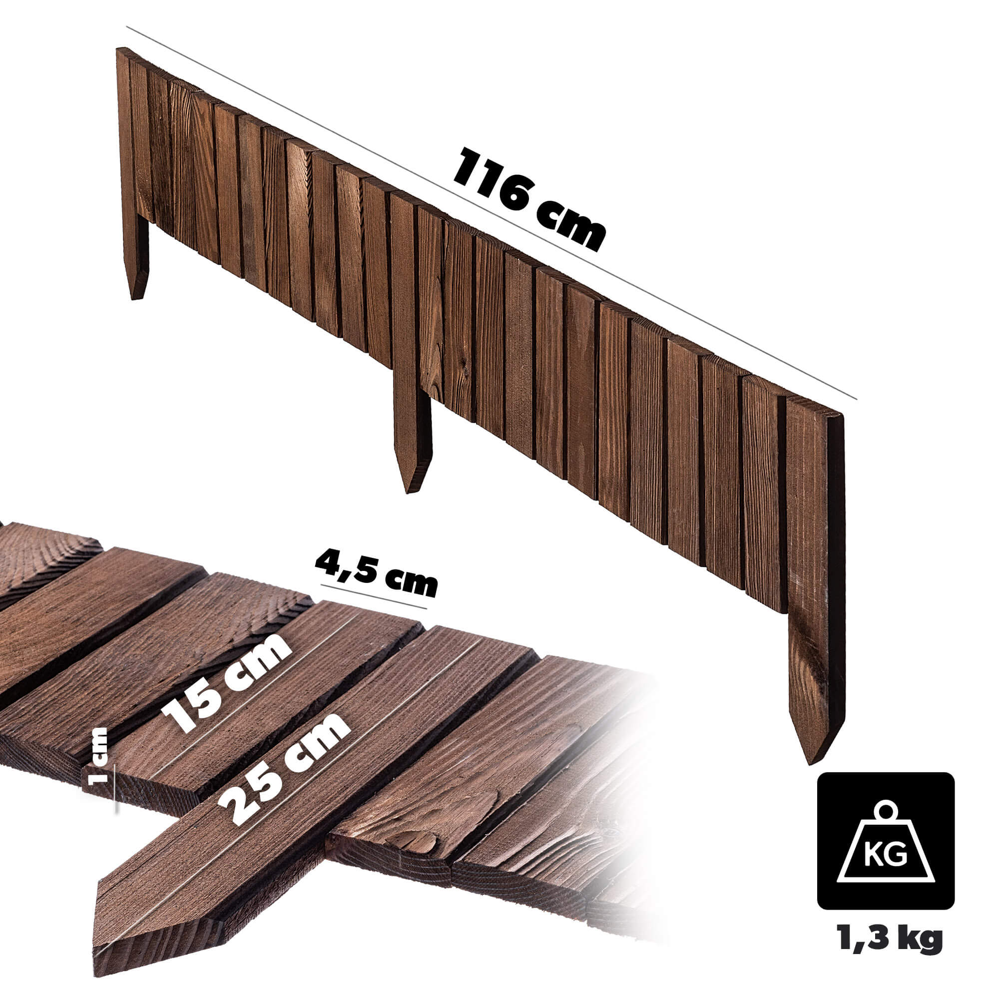 Płotek drewniany rollborder Ansjo obrzeże 115 x 15 cm brązowy