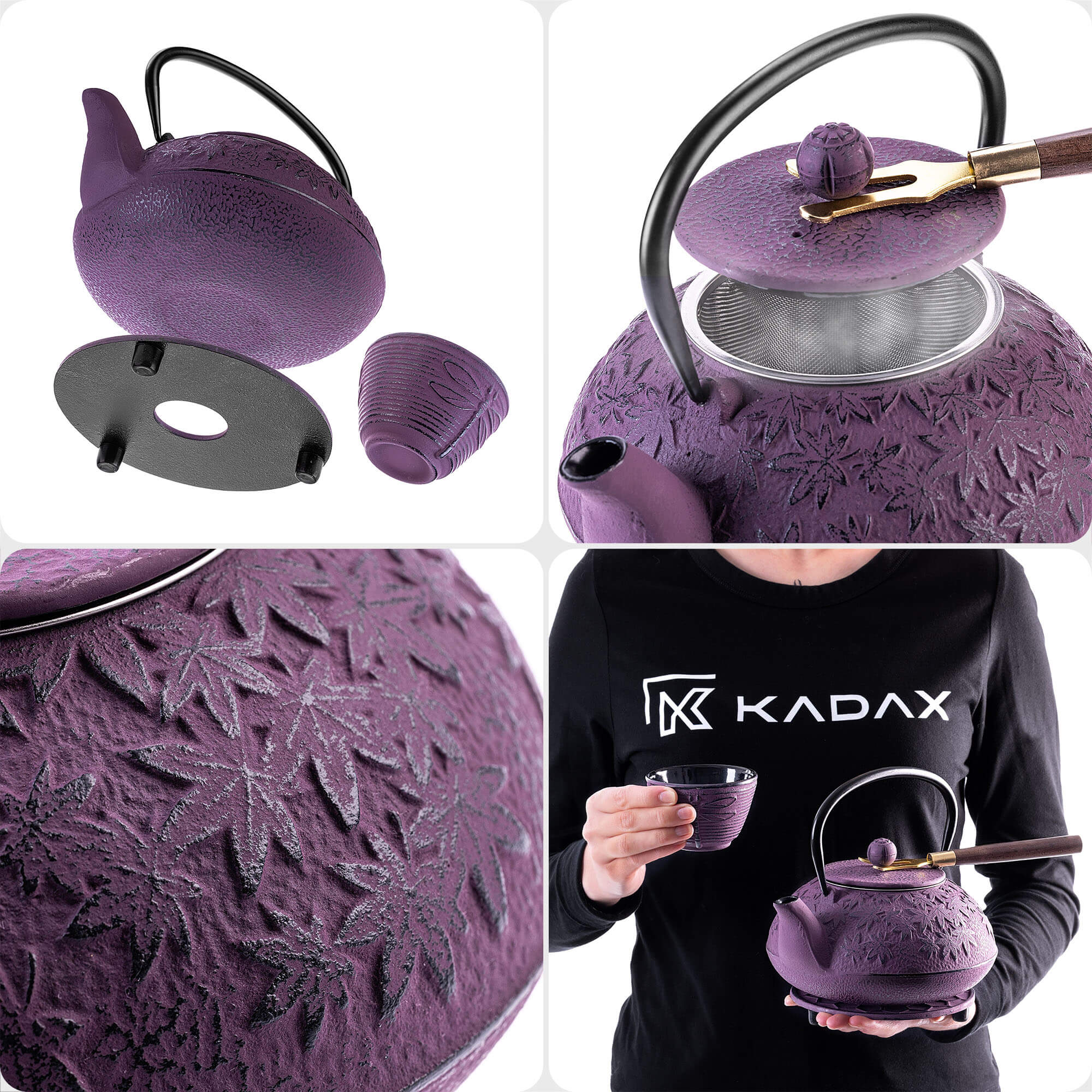 Czajnik żeliwny z czarkami i zaparzaczem Genua fioletowy